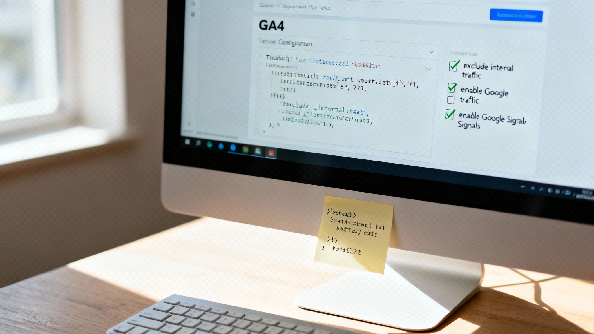 O persoană analizează date pe un ecran de laptop, cu grafice și diagrame GA4 vizibile