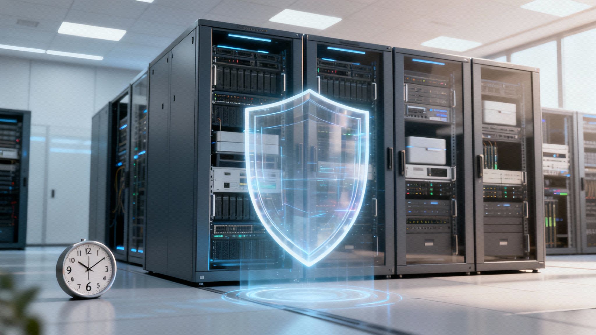 Săli de servere moderne cu echipamente IT, un scut de securitate digital și un ceas pe podea.
