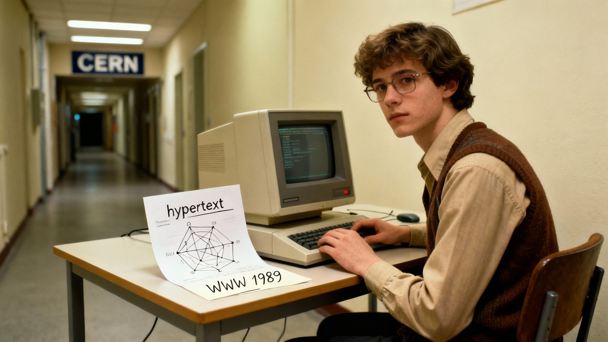 O ilustrație a lui Tim Berners-Lee lucrând la un computer NeXT, cu linii de cod și diagrame de rețea în fundal.