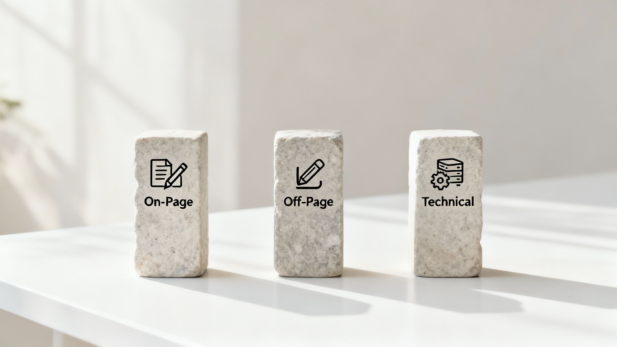 An image showing three pillars labeled "On-page SEO", "Off-page SEO", and "Technical SEO"