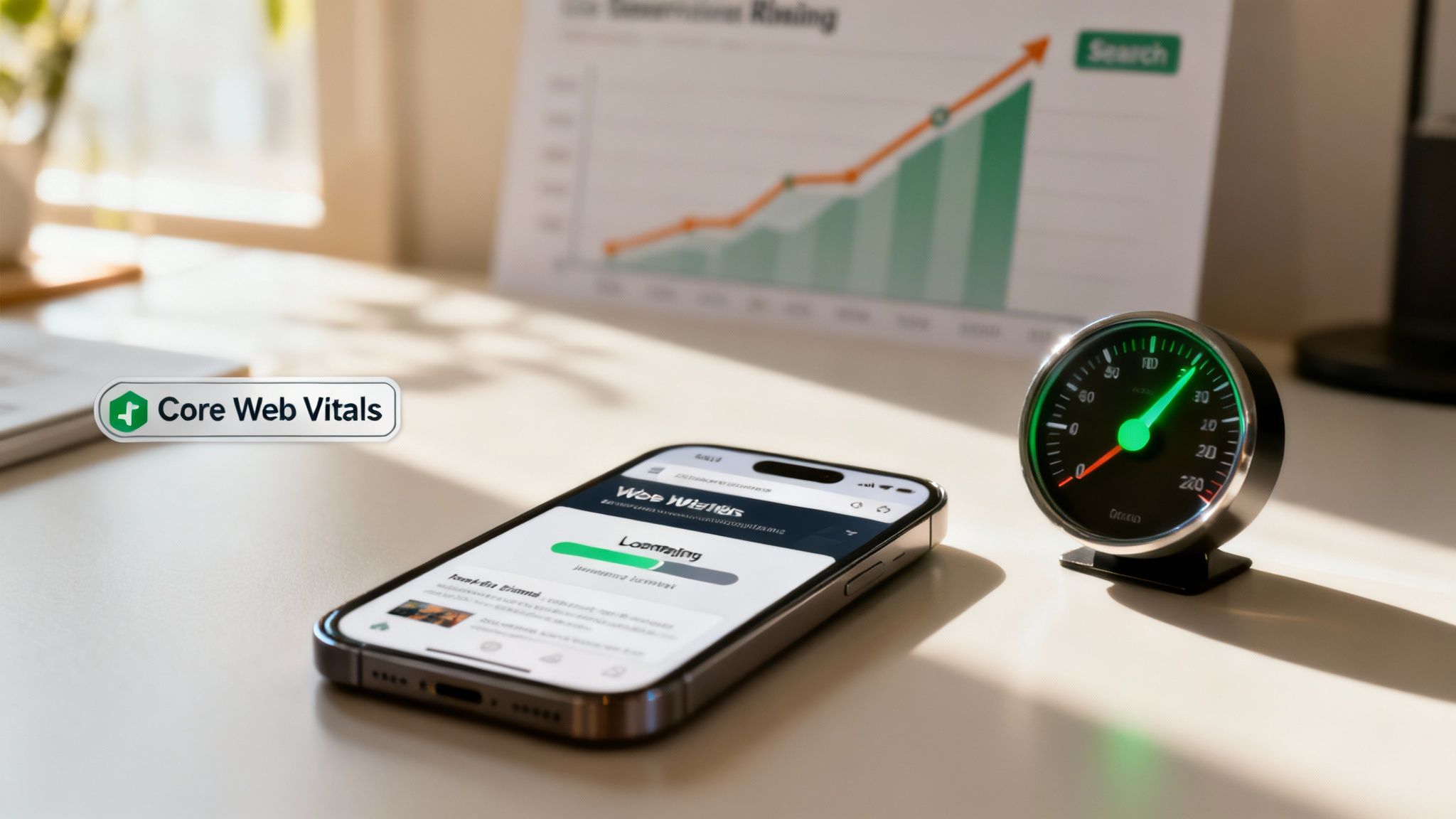 Configurație de birou cu smartphone afișând indicatori web, un indicator de performanță și un grafic în creștere, evidențiind optimizarea site-ului web.