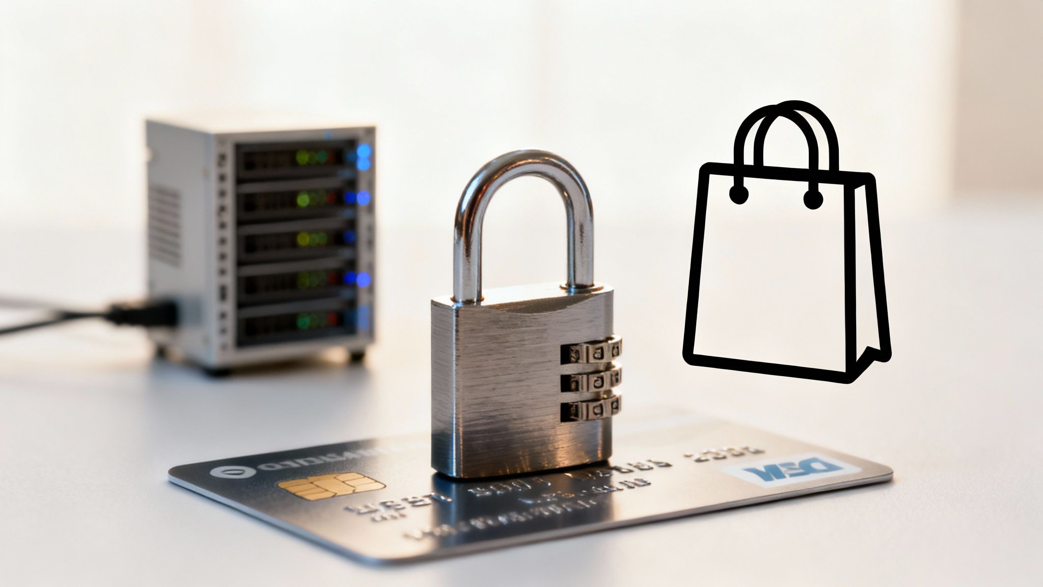 Lacăt pe un card bancar, server și icon de coș de cumpărături, simbolizând securitatea datelor și a plăților online.