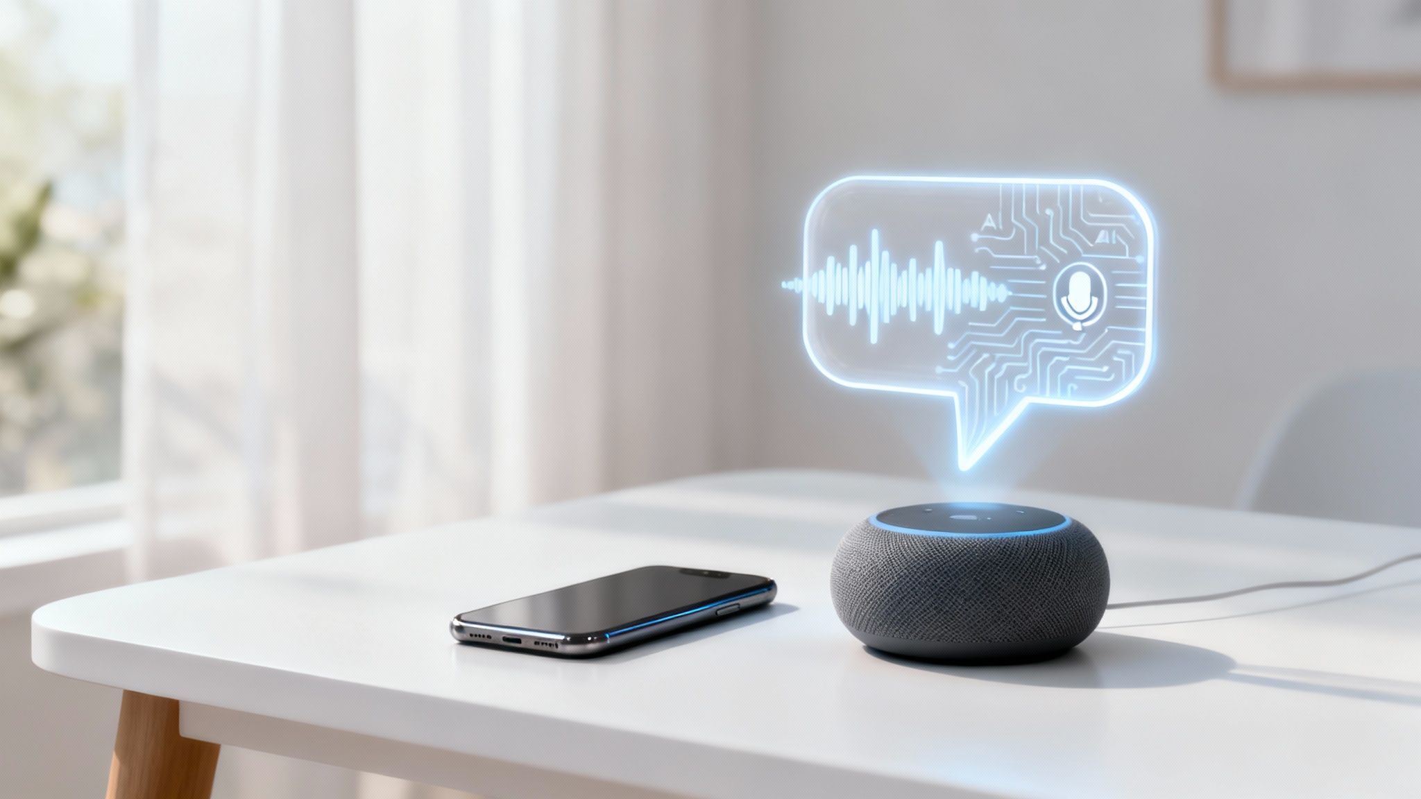 A person using voice search on a smartphone with an AI-powered interface in the background.