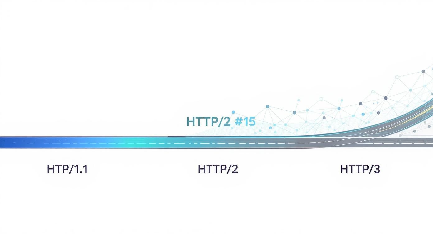 Progresia protocoalelor HTTP: de la HTTP/1.1 la HTTP/2 și HTTP/3, cu o vizualizare grafică a evoluției rețelei.