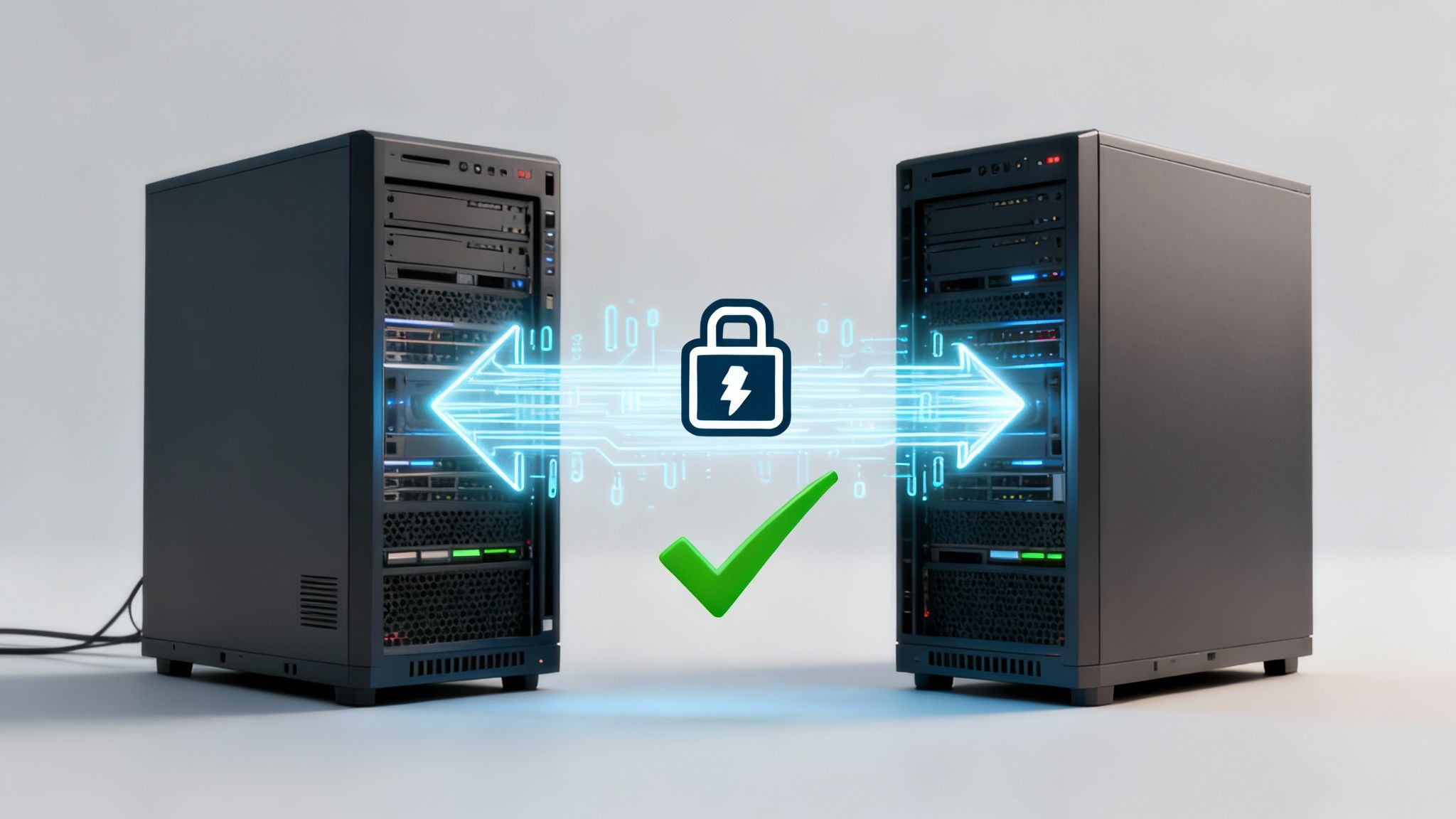 Two servers securely connected with a padlock icon and a green checkmark for data transfer