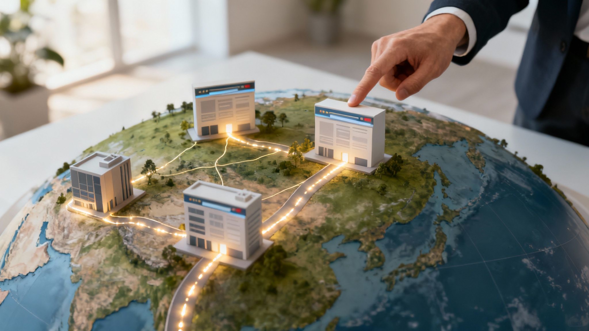 O imagine abstractă reprezentând rețeaua globală a World Wide Web, cu noduri și conexiuni luminoase.