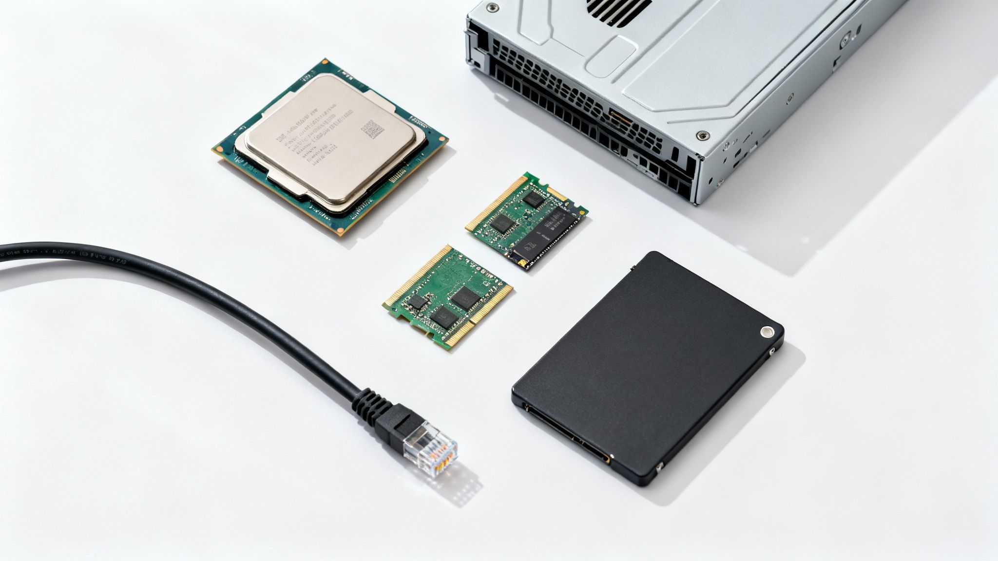 Componente hardware IT esențiale: procesor, memorii RAM, SSD, cablu de rețea și șasiu de server.