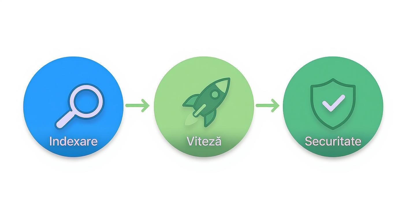 Proces de optimizare SEO în trei etape: indexare, viteză și securitate reprezentate prin icoane