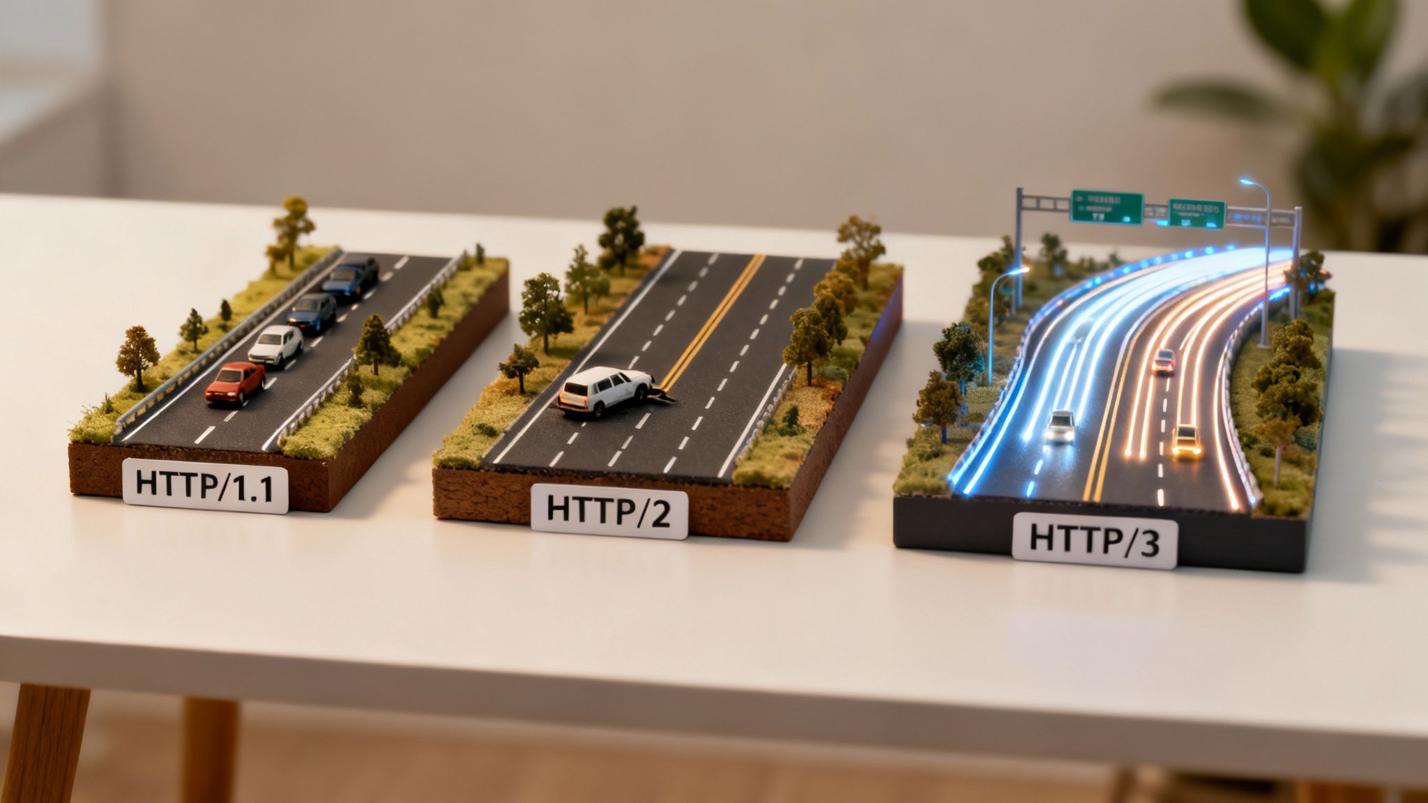 Trei modele de drumuri ilustrând evoluția protocoalelor HTTP/1.1, HTTP/2 și HTTP/3 cu trafic din ce în ce mai rapid.