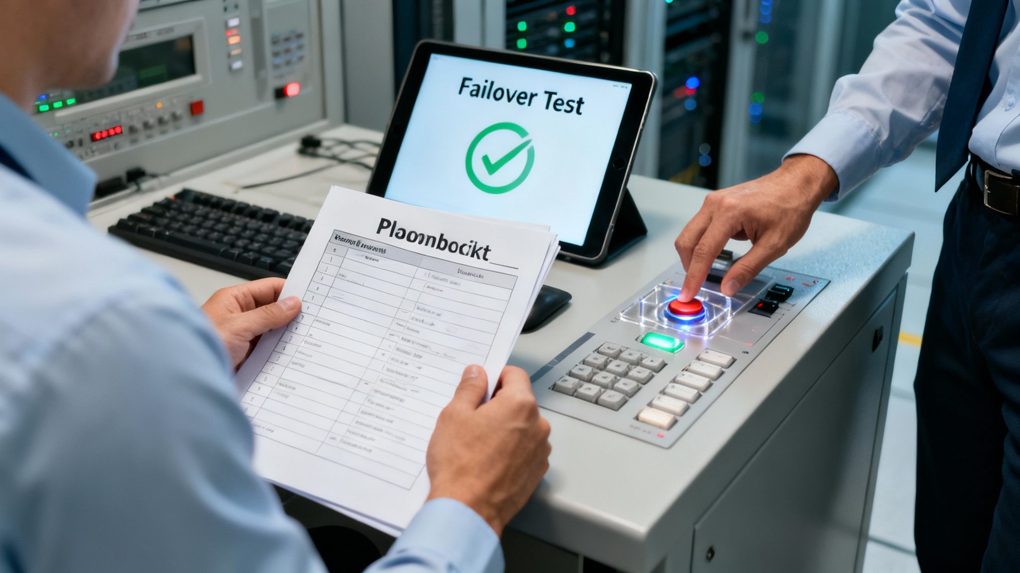 Firmă de hosting în București - Servicii Profesionale de Găzduire - BTS Telecom | Ghid complet pentru un disaster recovery site în hosting Doi tehnicieni efectuează un test de failover, unul apasă un buton, iar pe tabletă apare mesajul "Failover Test" cu bifă verde.