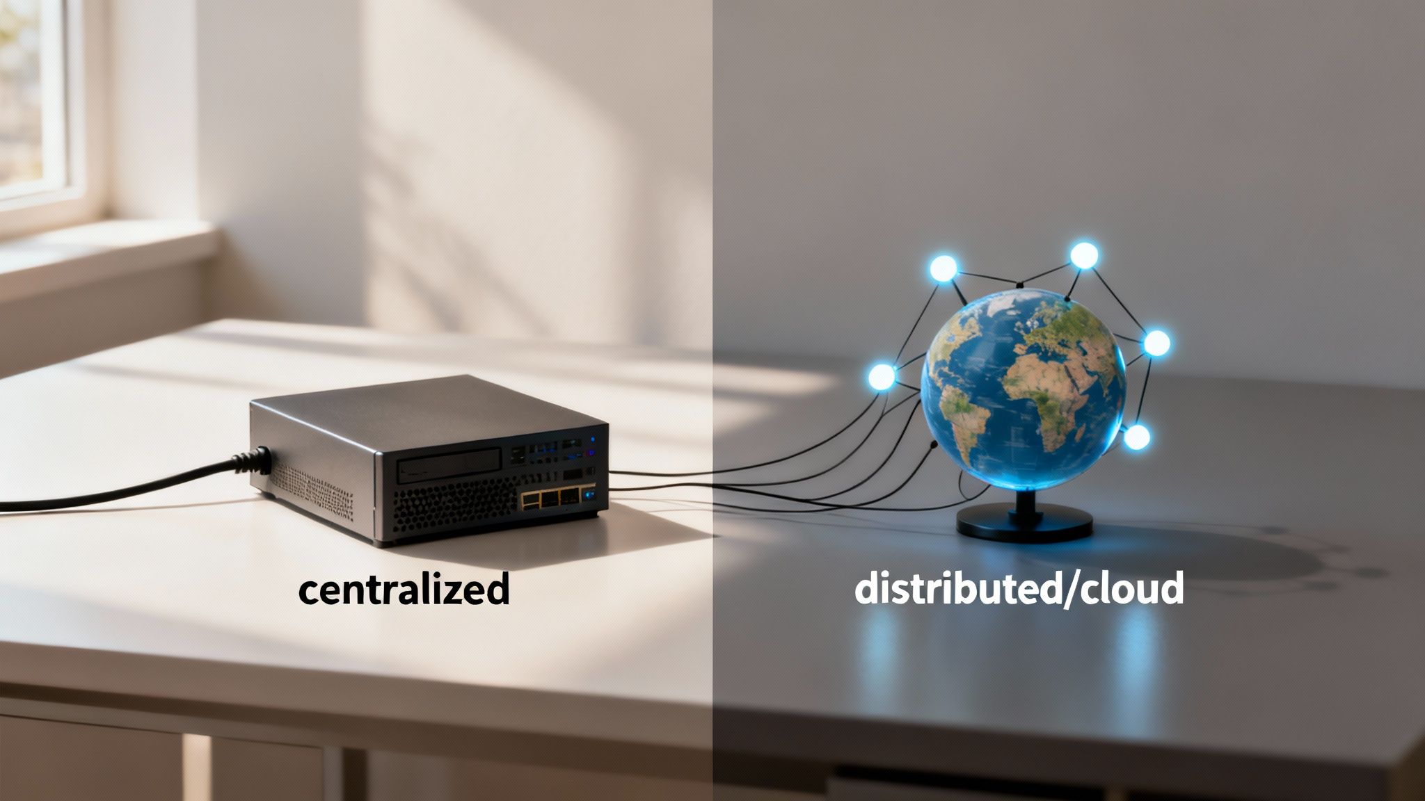 O schemă vizuală care ilustrează diferențele dintre arhitectura centralizată, distribuită și cloud.