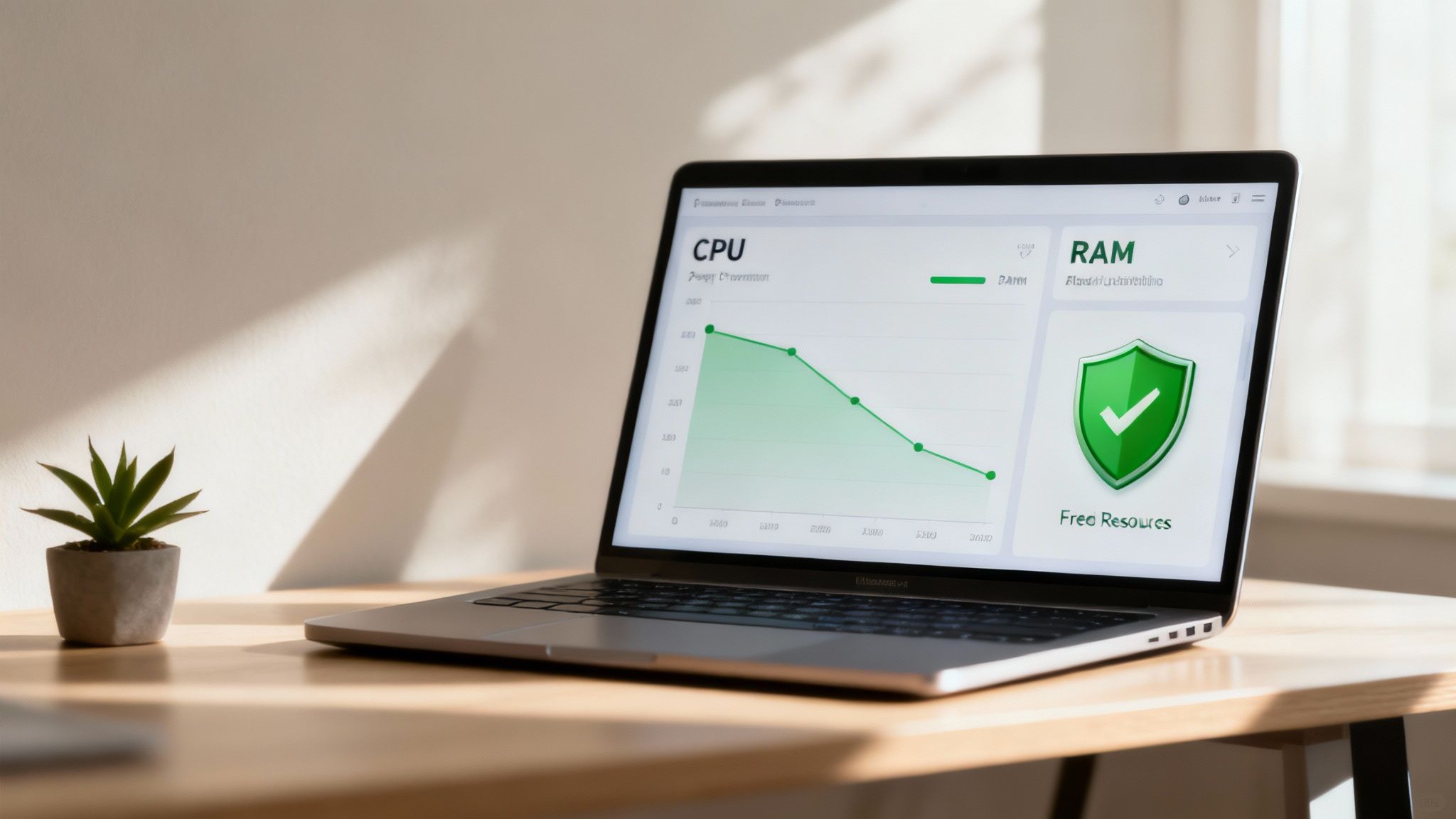 Laptop pe birou de lemn cu ecran afișând grafic utilizare CPU și iconiță securitate RAM, lângă o plantă verde.