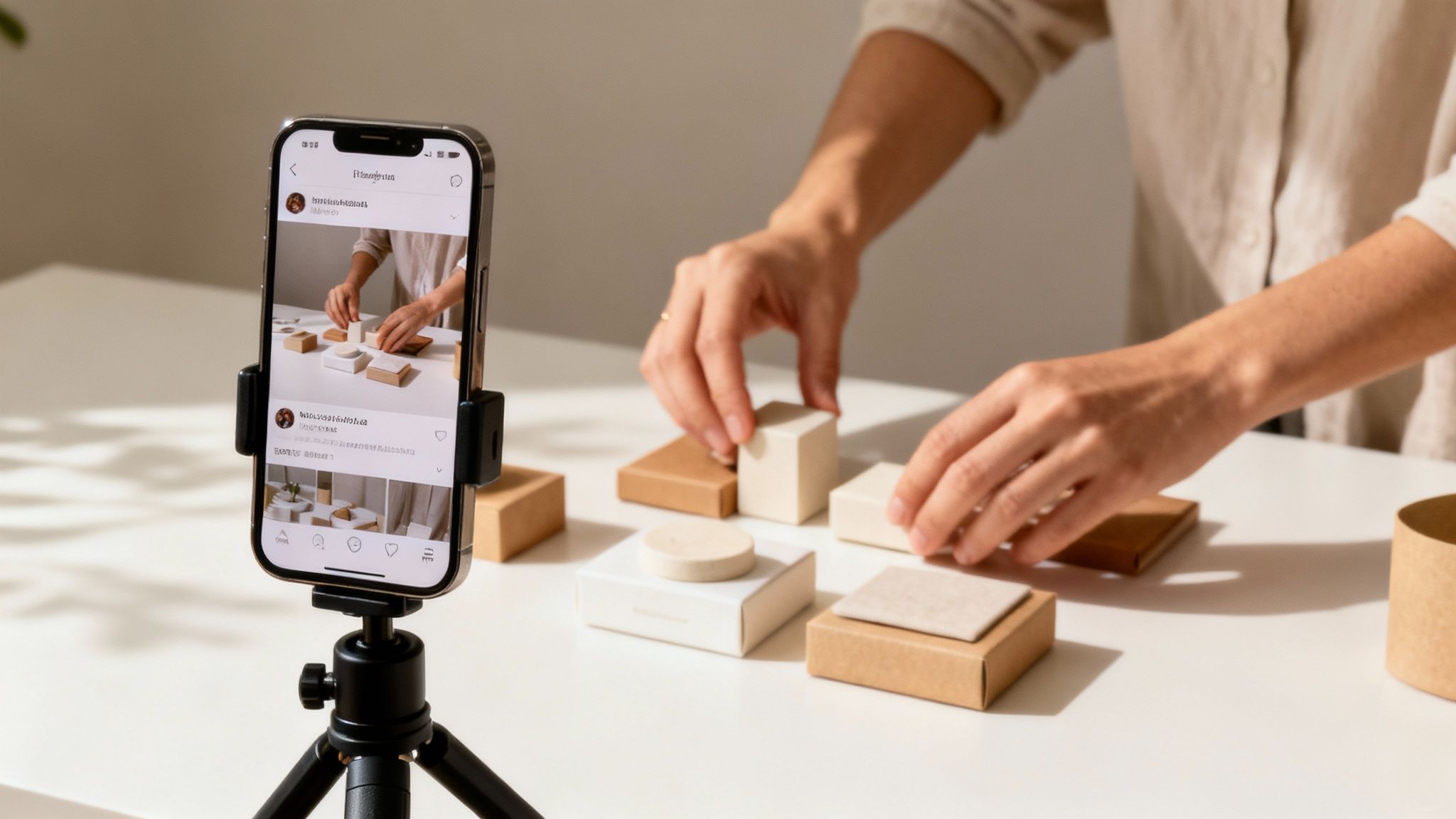 O persoană care scrie conținut creativ pe un laptop, înconjurată de icoane de social media.