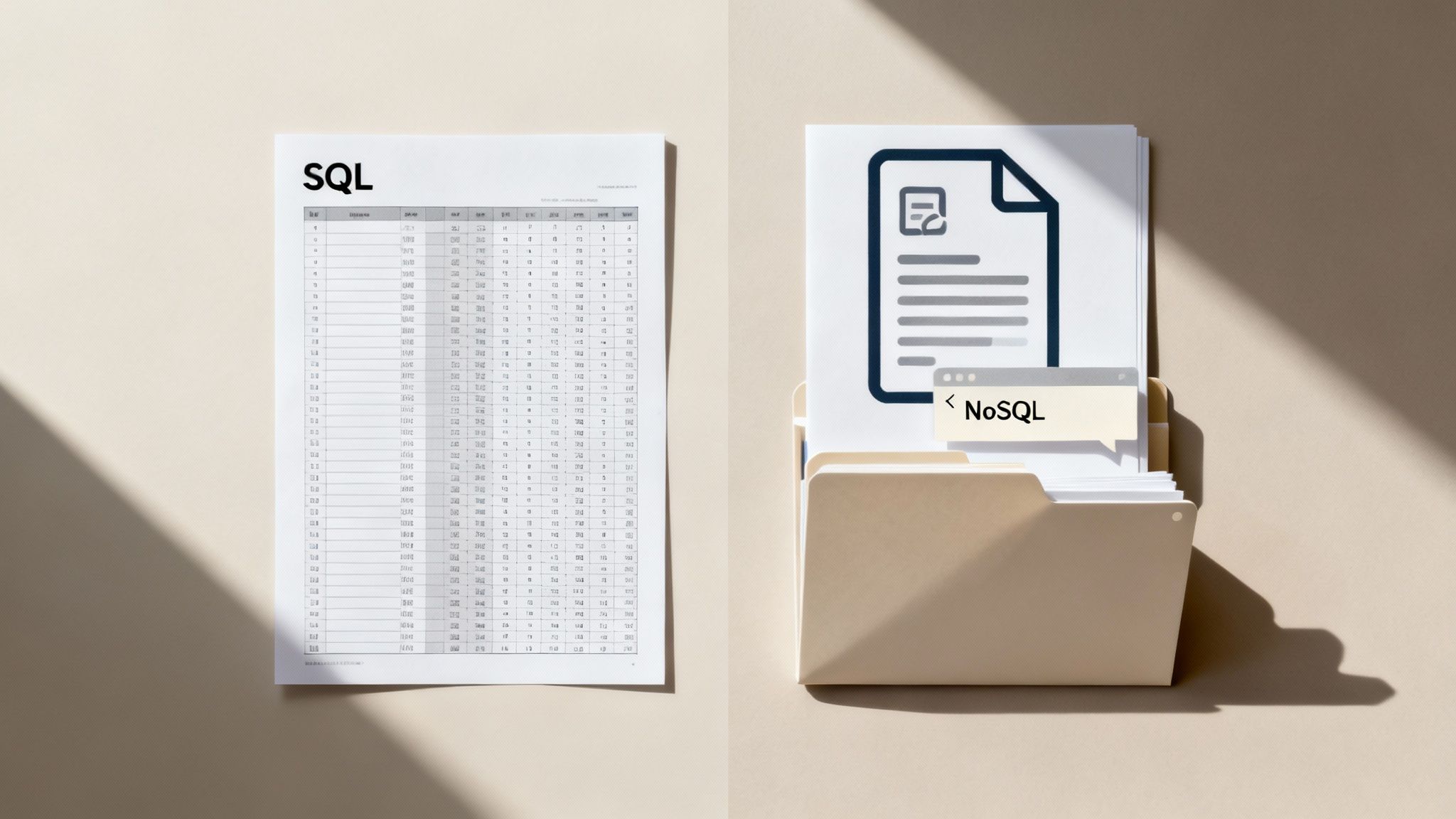 O imagine care compară vizual structura rigidă a SQL cu flexibilitatea NoSQL