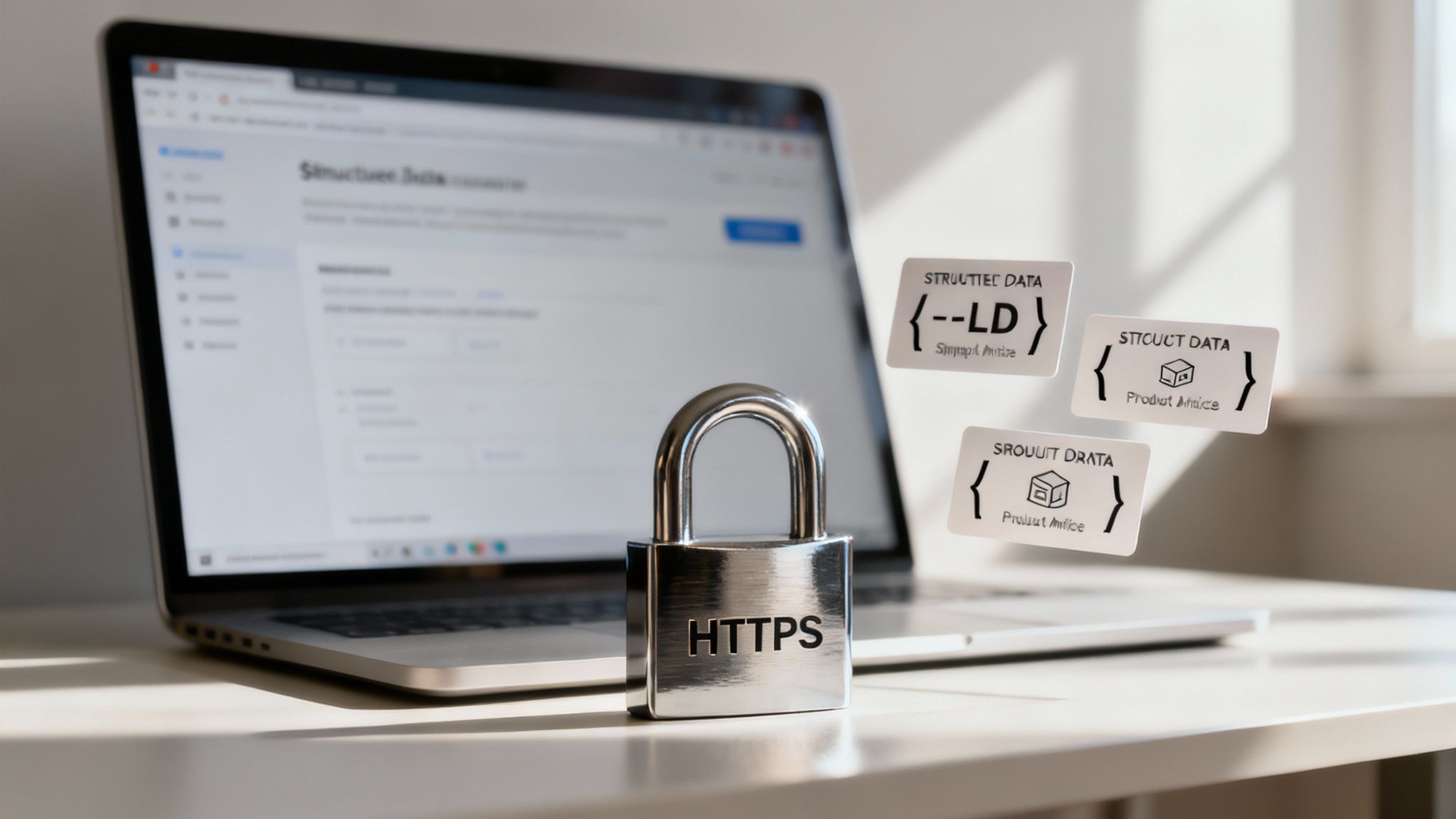 Lacăt cu inscripția HTTPS lângă laptop și carduri cu structured data pentru SEO tehnic
