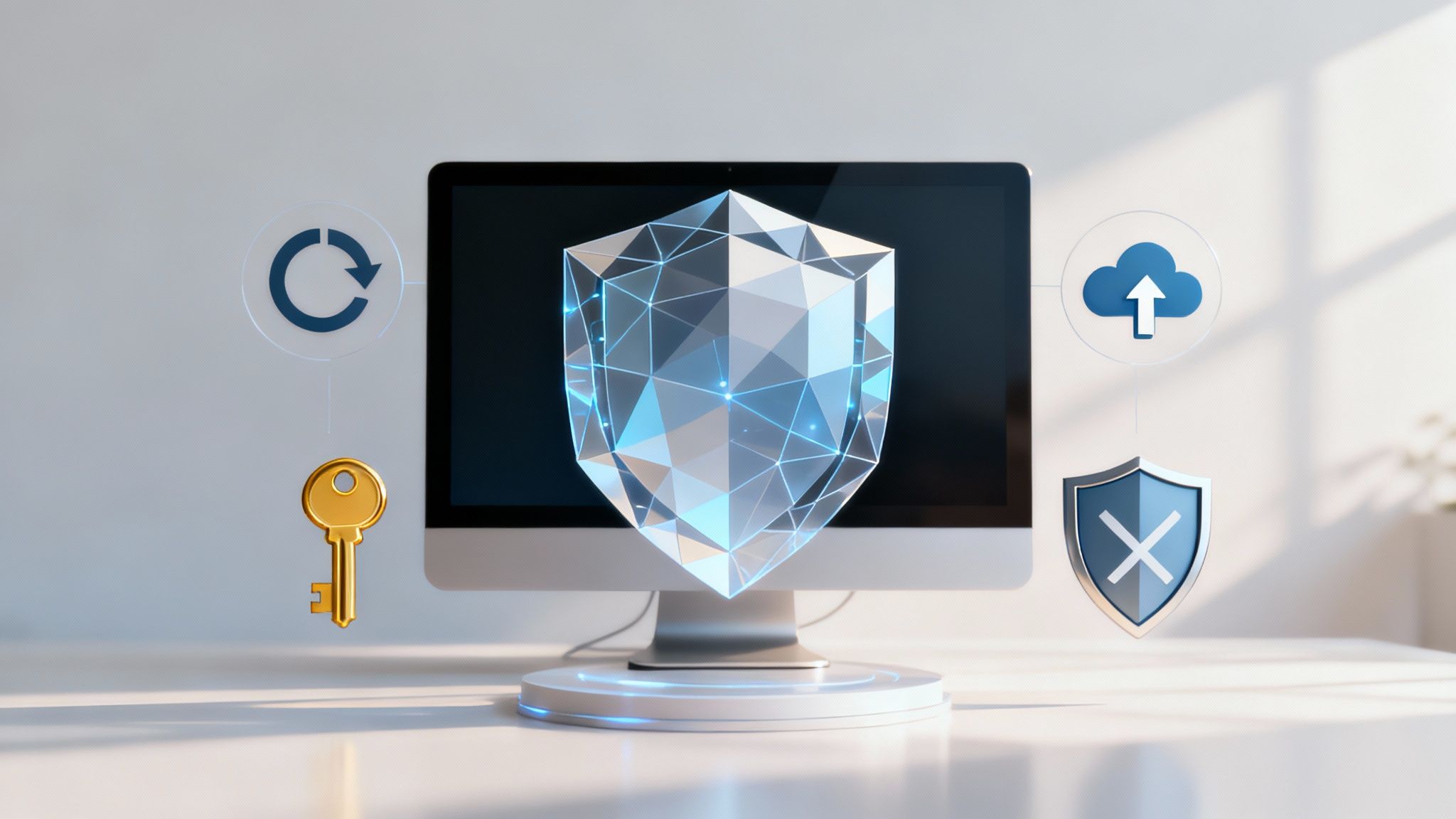 Firmă de hosting în București - Servicii Profesionale de Găzduire - BTS Telecom | Ce este Malware și cum să te aperi eficient Un scut digital protejând un laptop, simbolizând securitatea cibernetică.