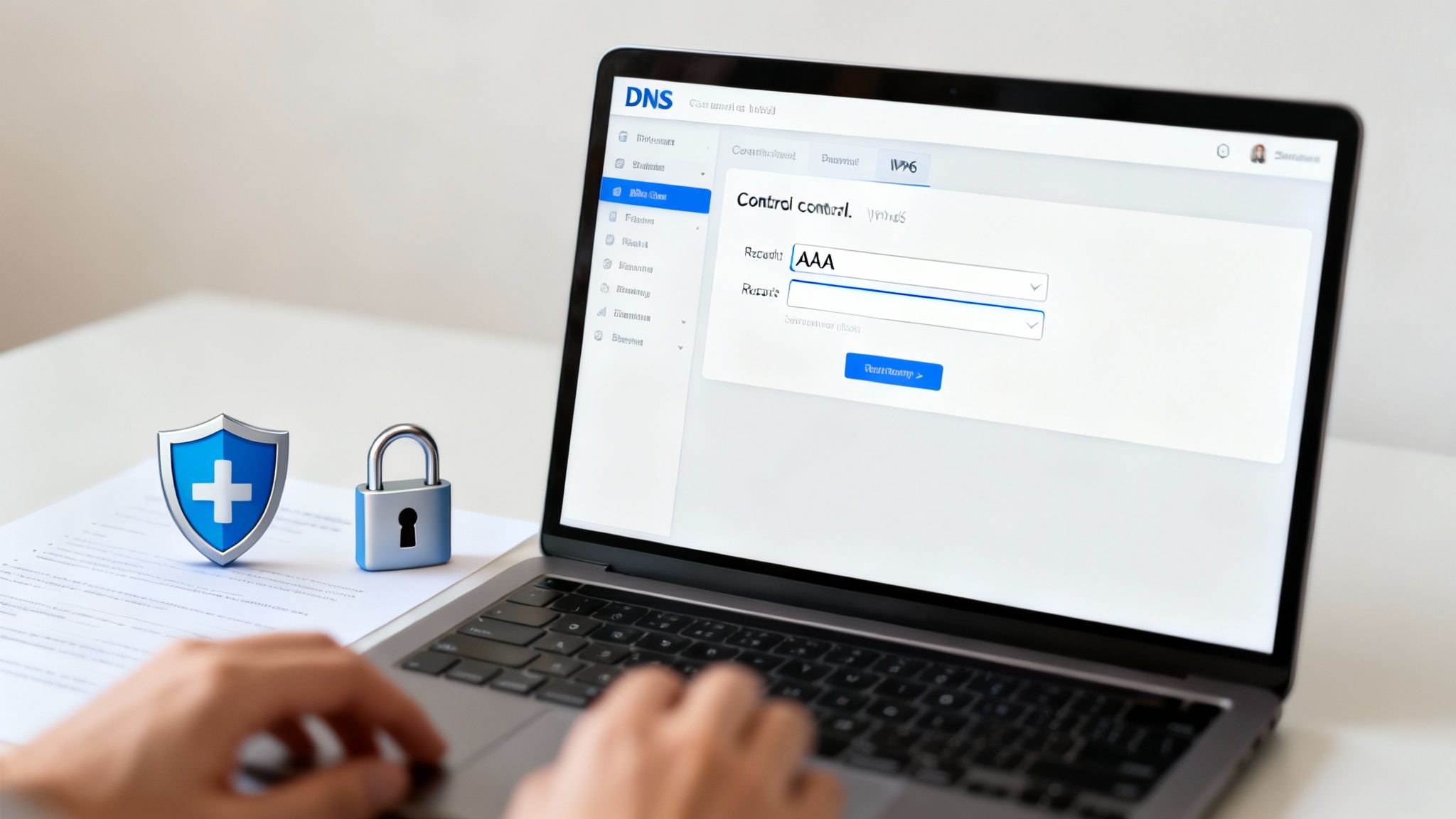O persoană folosește un laptop cu panoul de control DNS, având setări IPv6, alături de un scut și un lacăt, simbolizând securitatea.