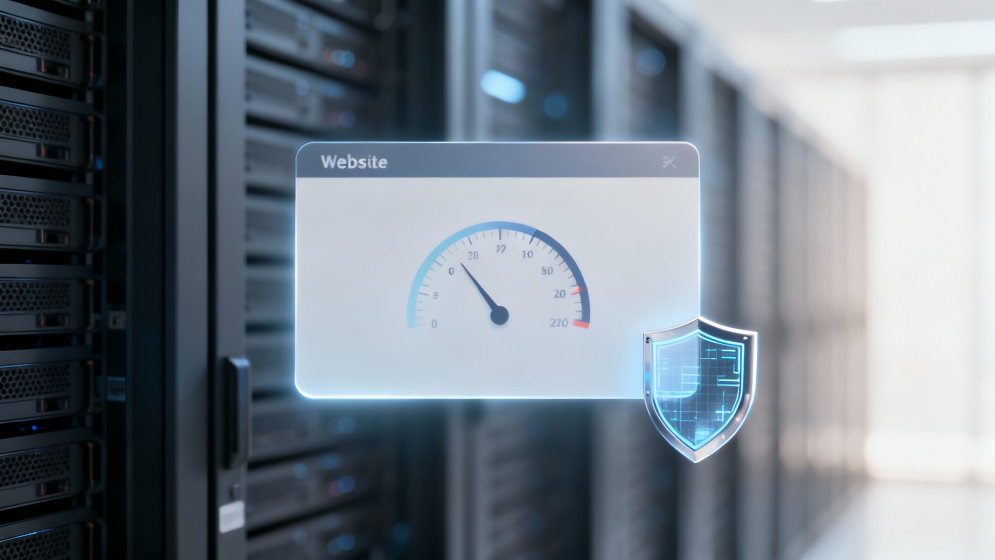 Firmă de hosting în București - Servicii Profesionale de Găzduire - BTS Telecom | Site-ul tău se încarcă greu? Un CDN explicat pe înțelesul tuturor Panou de control pentru monitorizarea vitezei site-ului web cu simbol de securitate pe fundal de servere