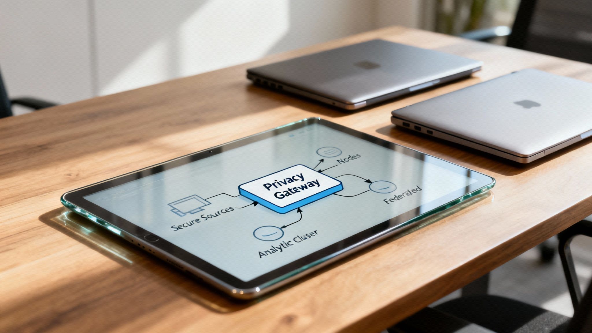 A tablet on a wooden desk displays a 'Privacy Gateway' diagram with data sources and processing nodes.
