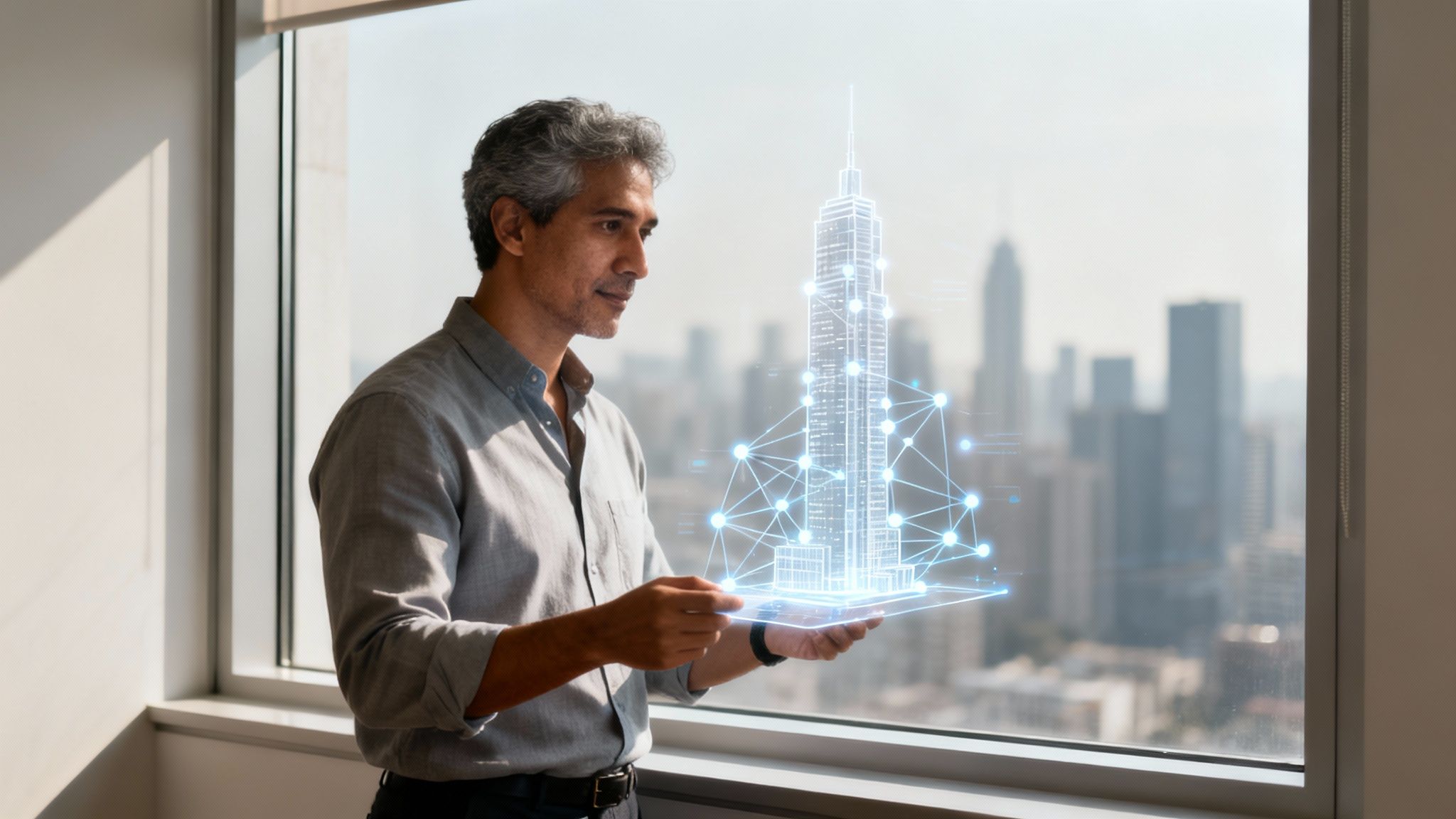 Man holding a transparent device displaying a holographic smart city skyscraper model with data.