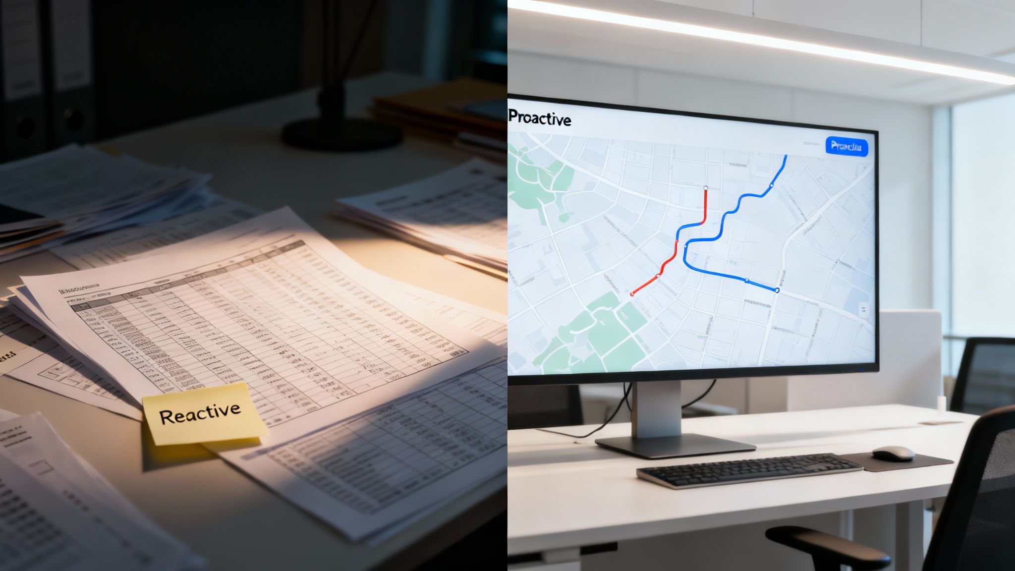 Image contrasting reactive problem-solving with messy desk and papers, and proactive route planning on a clean digital display.