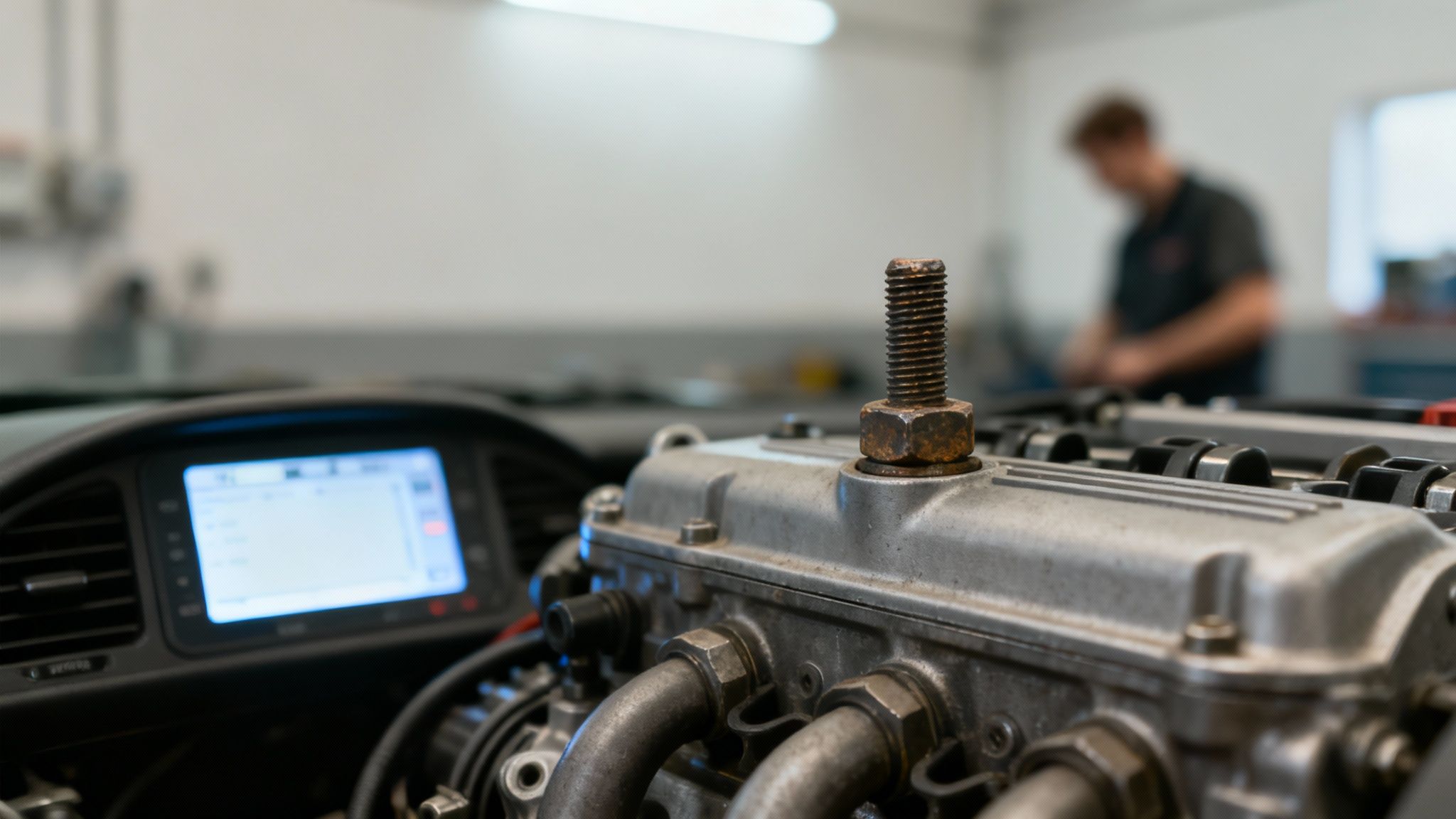 Car engine with bolt exposed during automotive repair service in professional workshop