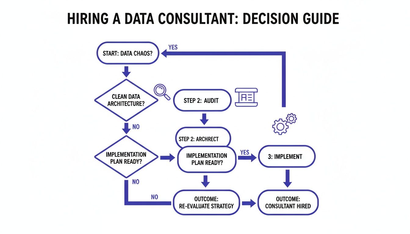 Flowchart decision guide for hiring a data consultant, covering data chaos, architecture, audit, and implementation.