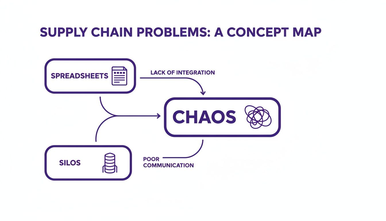Concept map illustrating supply chain problems: spreadsheets and silos leading to chaos from lack of integration and poor communication.