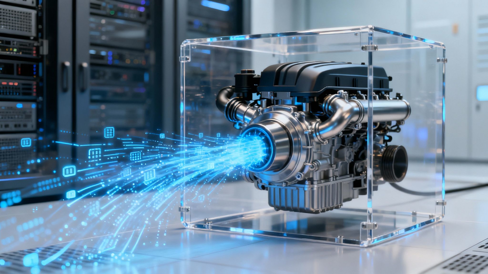 A futuristic engine model in a transparent case emitting digital data streams towards server racks.