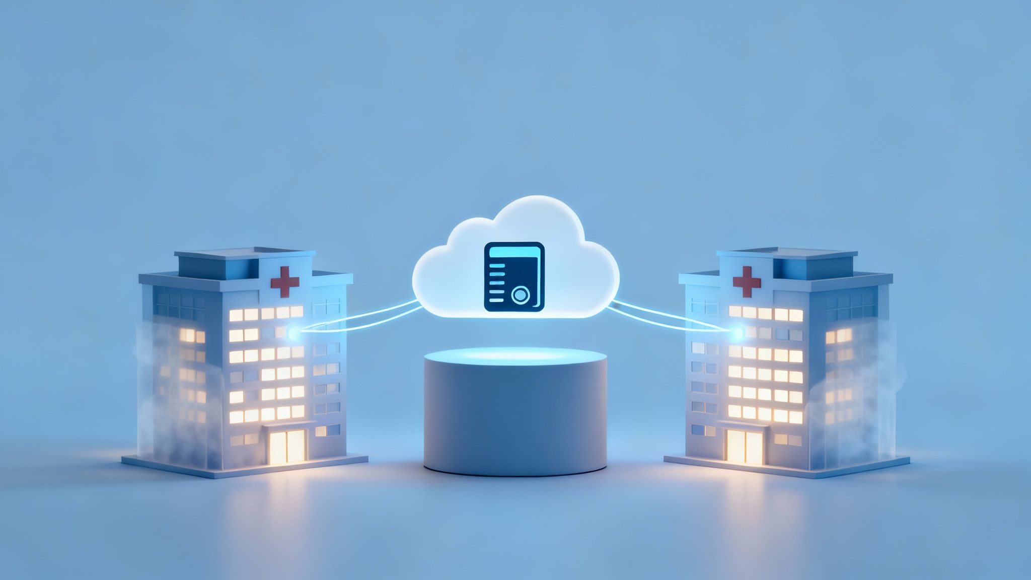 Two hospitals connected to a cloud for secure medical record sharing, emphasizing data security.