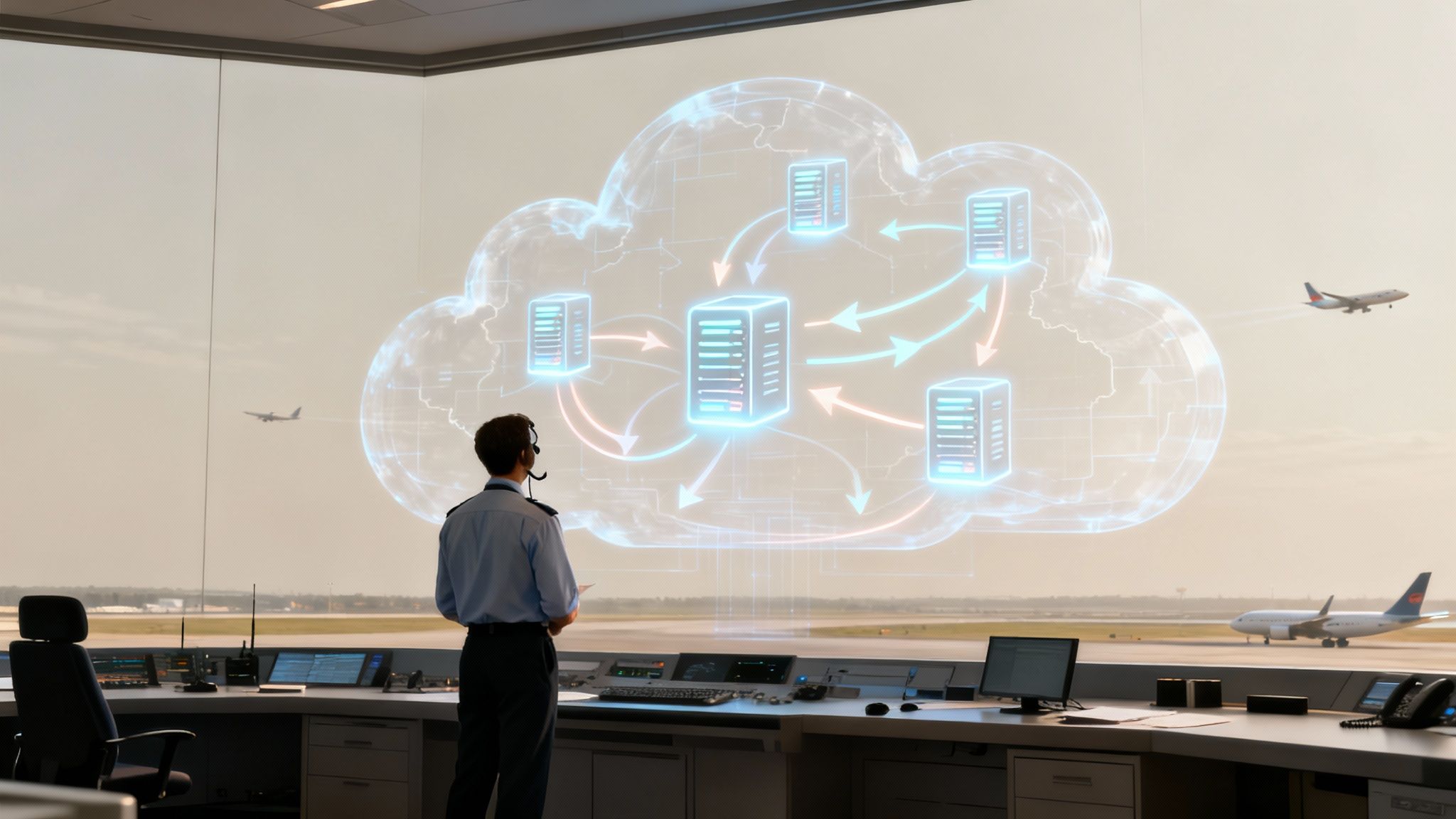 Air traffic controller views a large screen showing a cloud network diagram with real airplanes outside.