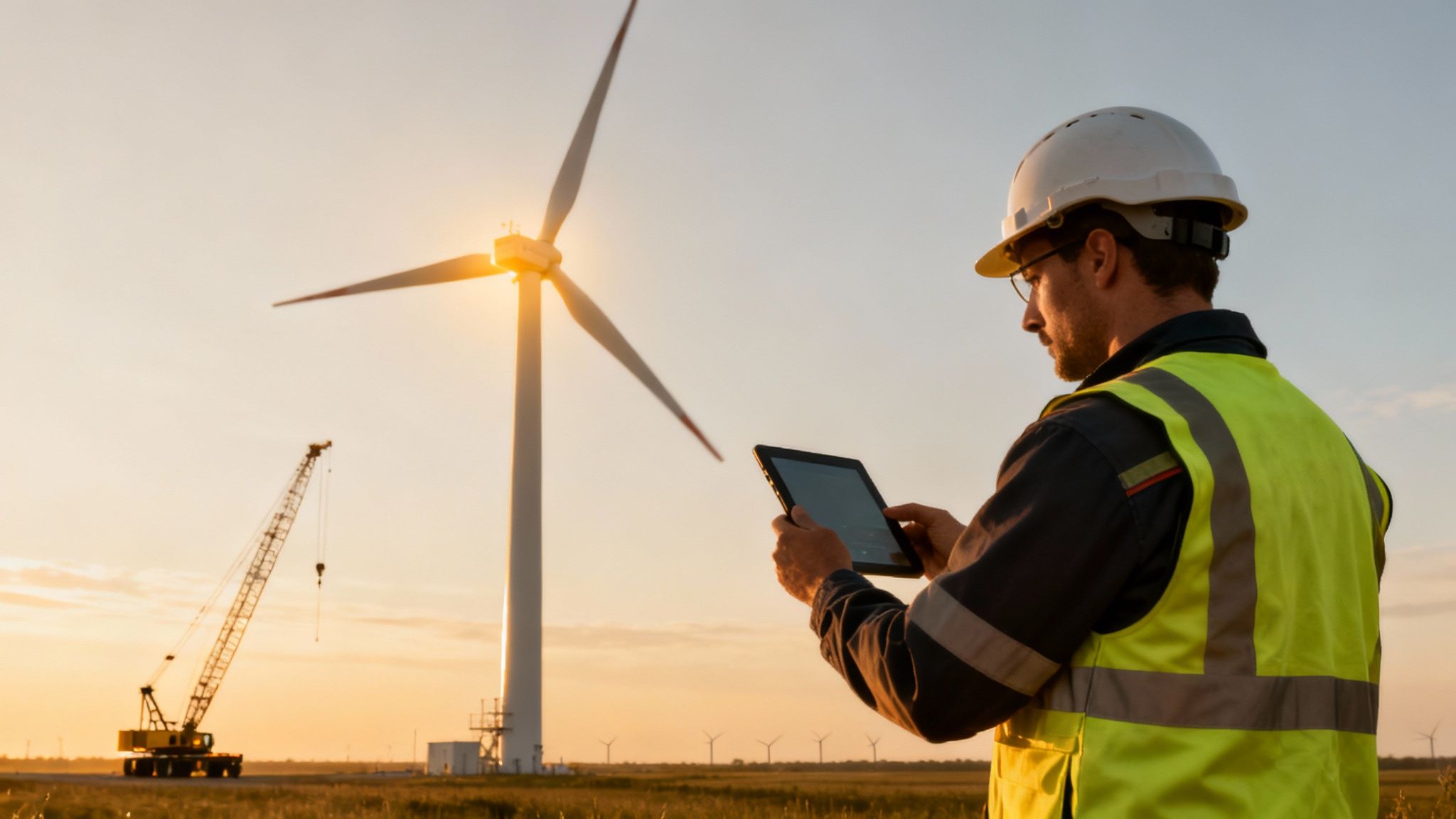 An engineer in a hard hat and safety vest reviews data on a tablet at a wind farm during sunset.