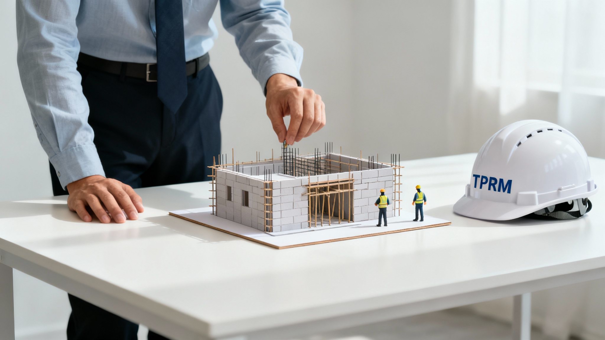 A person's hands carefully constructing a miniature building model with tiny workers, beside a white hard hat.
