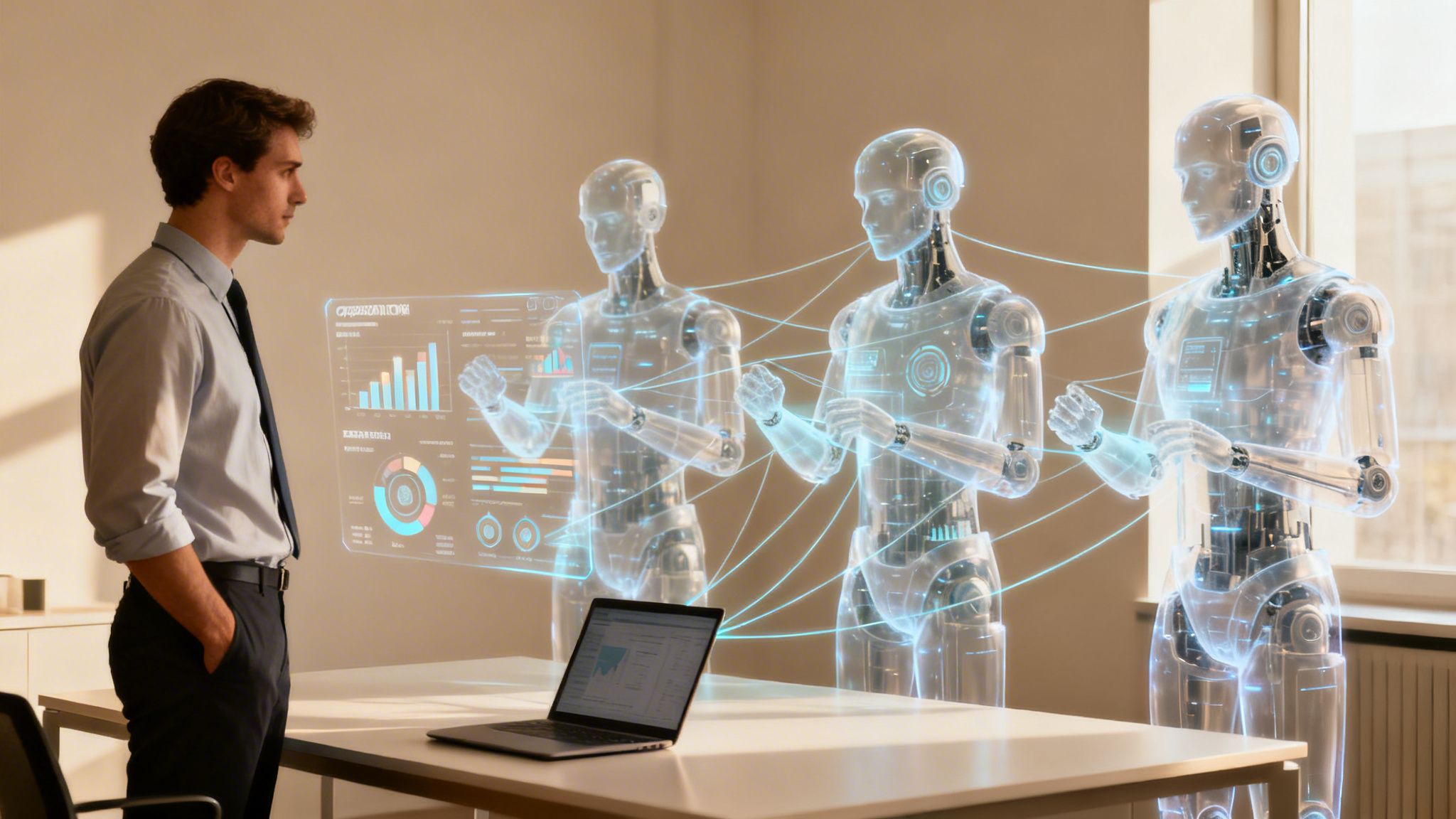 Man observing three translucent holographic AI robots interacting with data visualizations in an office.