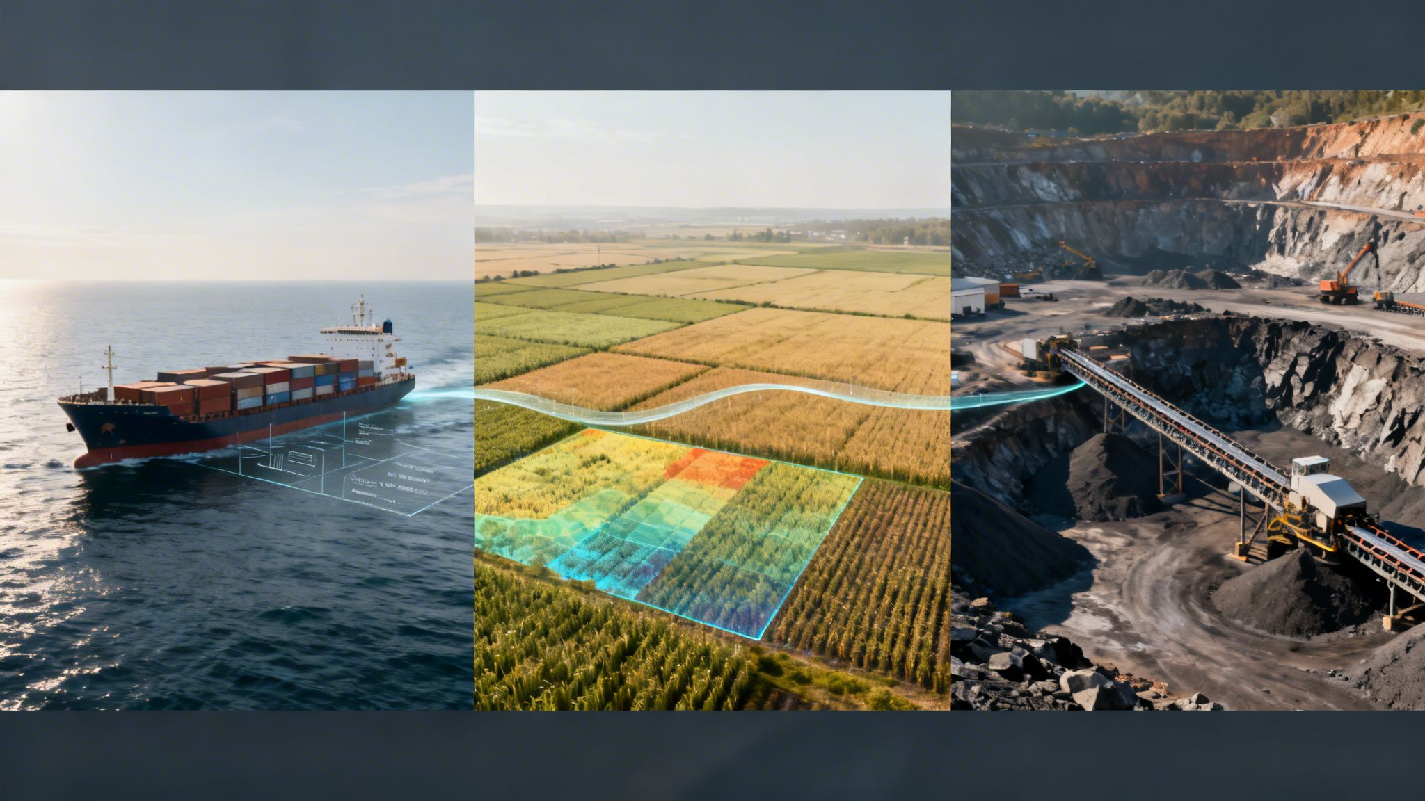 AI-powered operations: cargo ship, smart farm, and mining site with digital data visualizations.