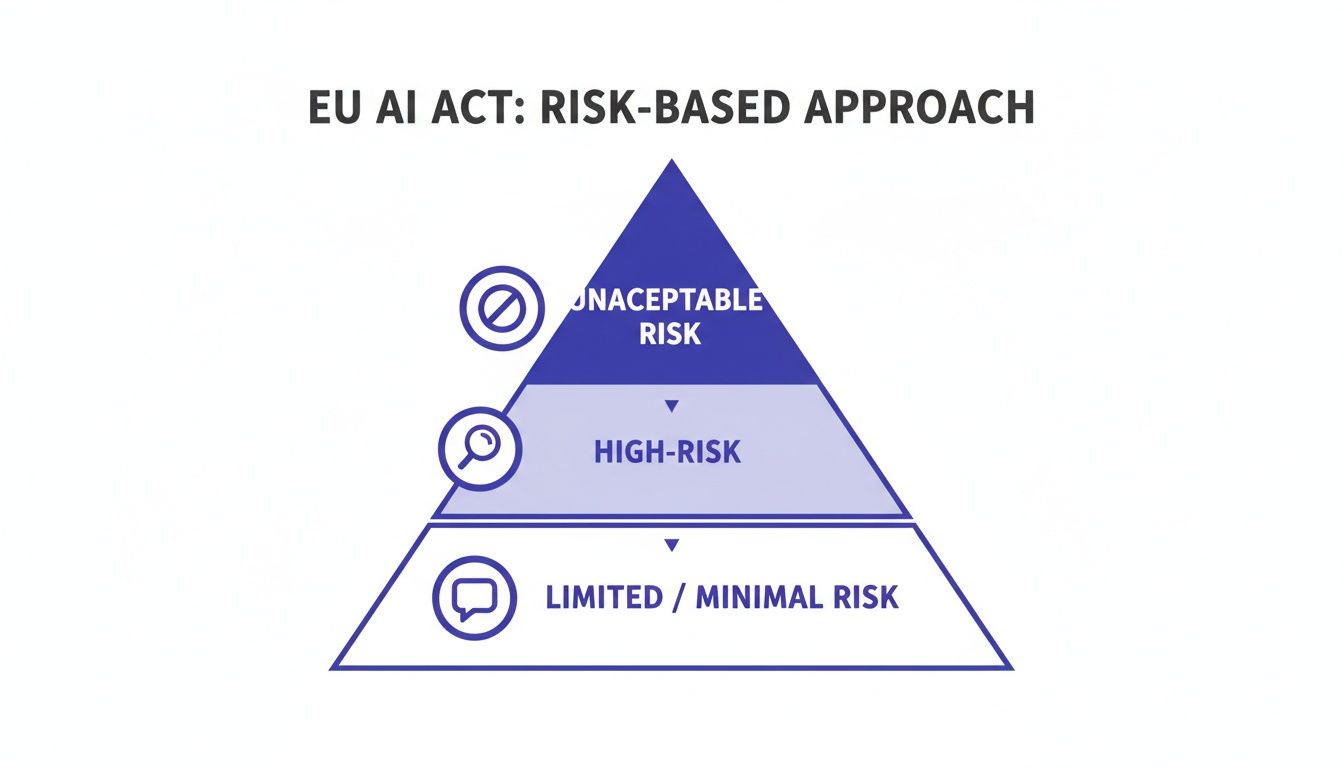 A pyramid illustrating the EU AI Act's risk-based approach with Unacceptable, High, and Limited/Minimal risk levels.