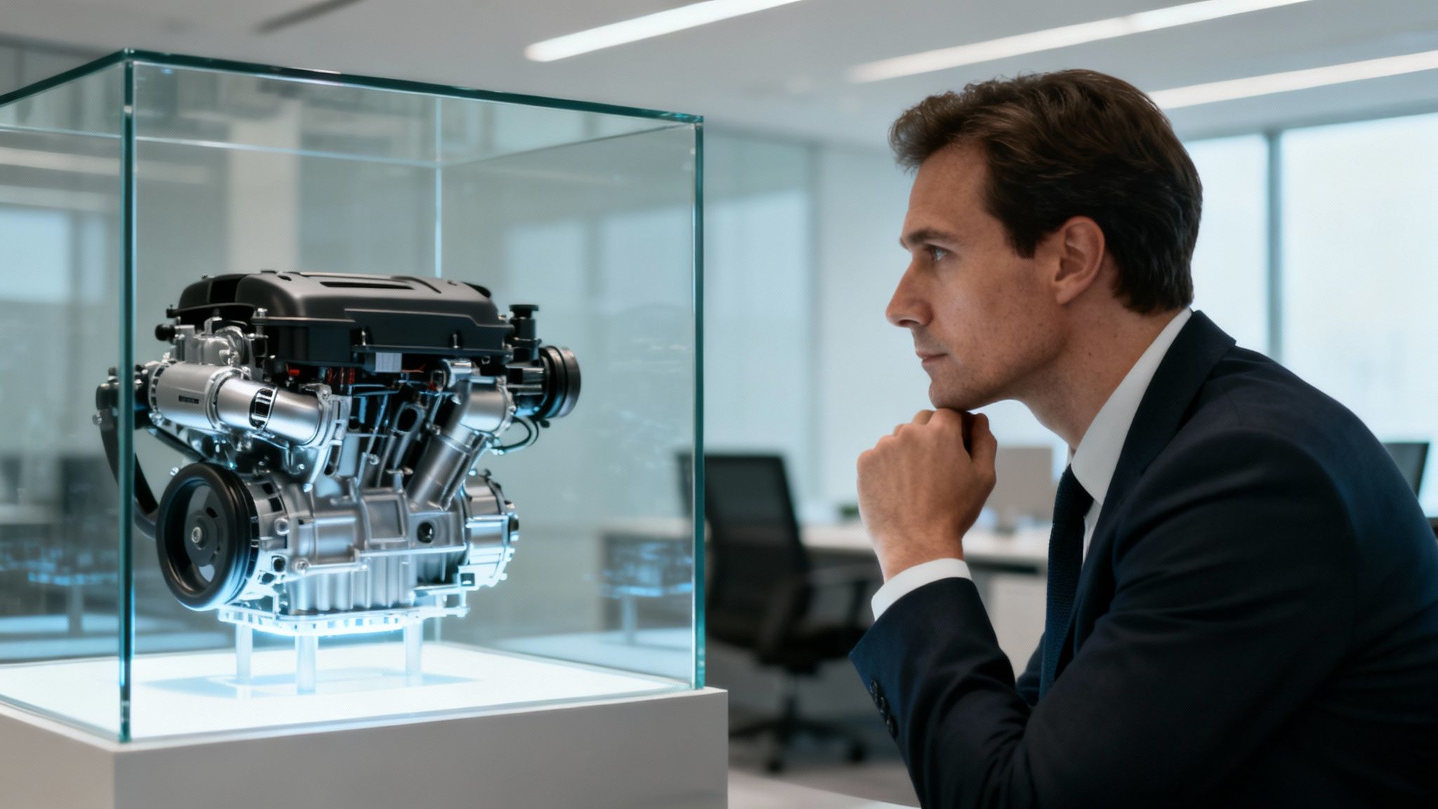 Man in a suit attentively observing a detailed engine model in a glass display case.