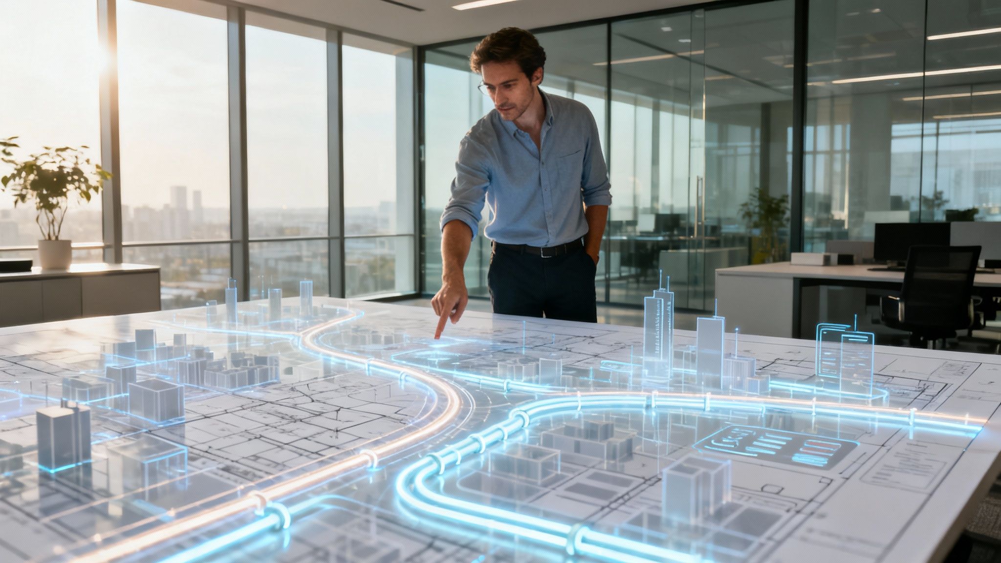 A man interacts with a holographic smart city model showing data lines on a table in a modern office.