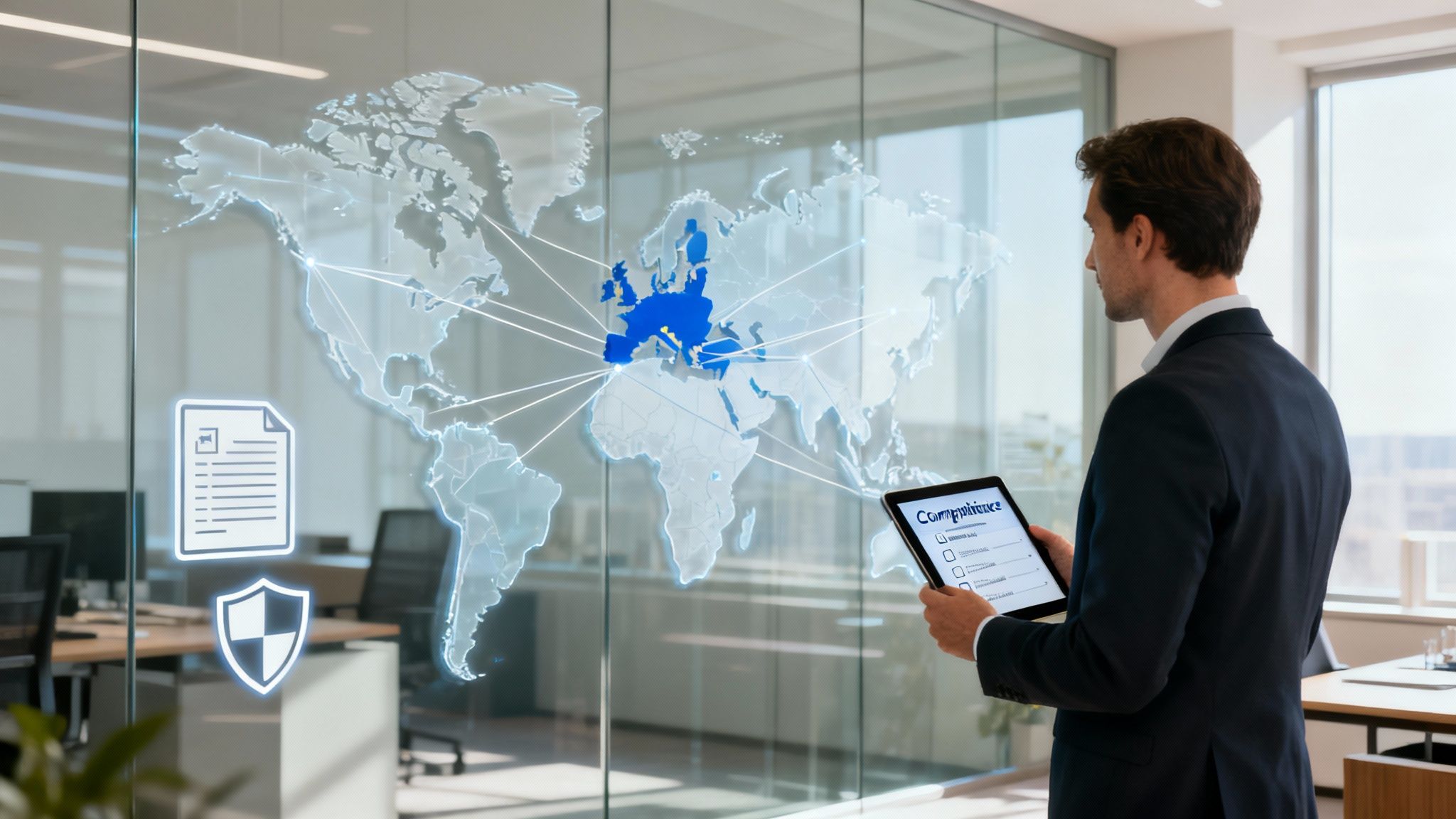 Businessman viewing a digital world map showing global compliance and data protection on a glass wall.