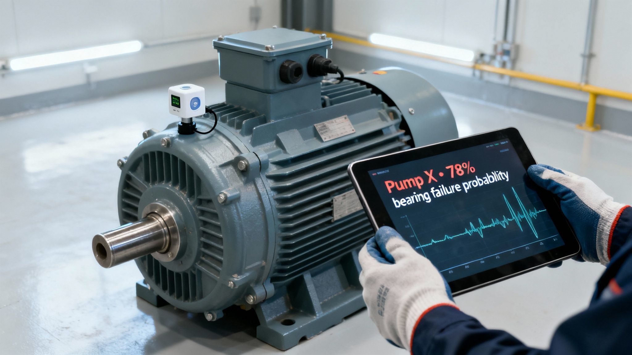 Technician uses a tablet to check an industrial motor's bearing failure probability with a mounted sensor.