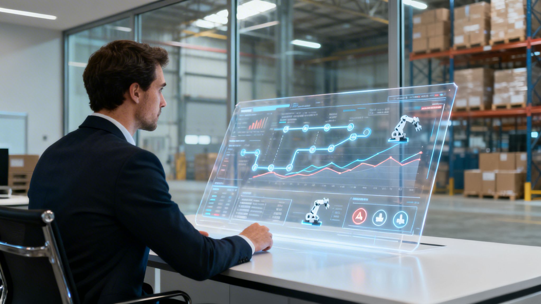 Man in suit analyzing smart factory data on a transparent AI dashboard in a modern warehouse.