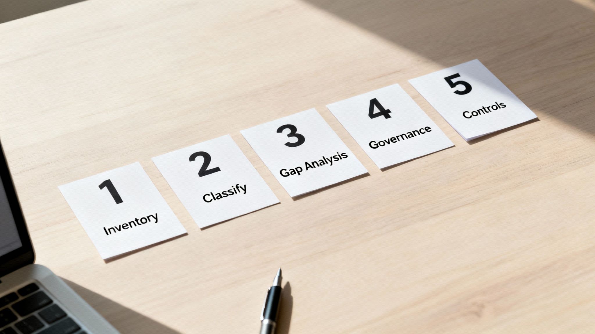 Five cards on a wooden desk outlining steps: Inventory, Classify, Gap Analysis, Governance, Controls.