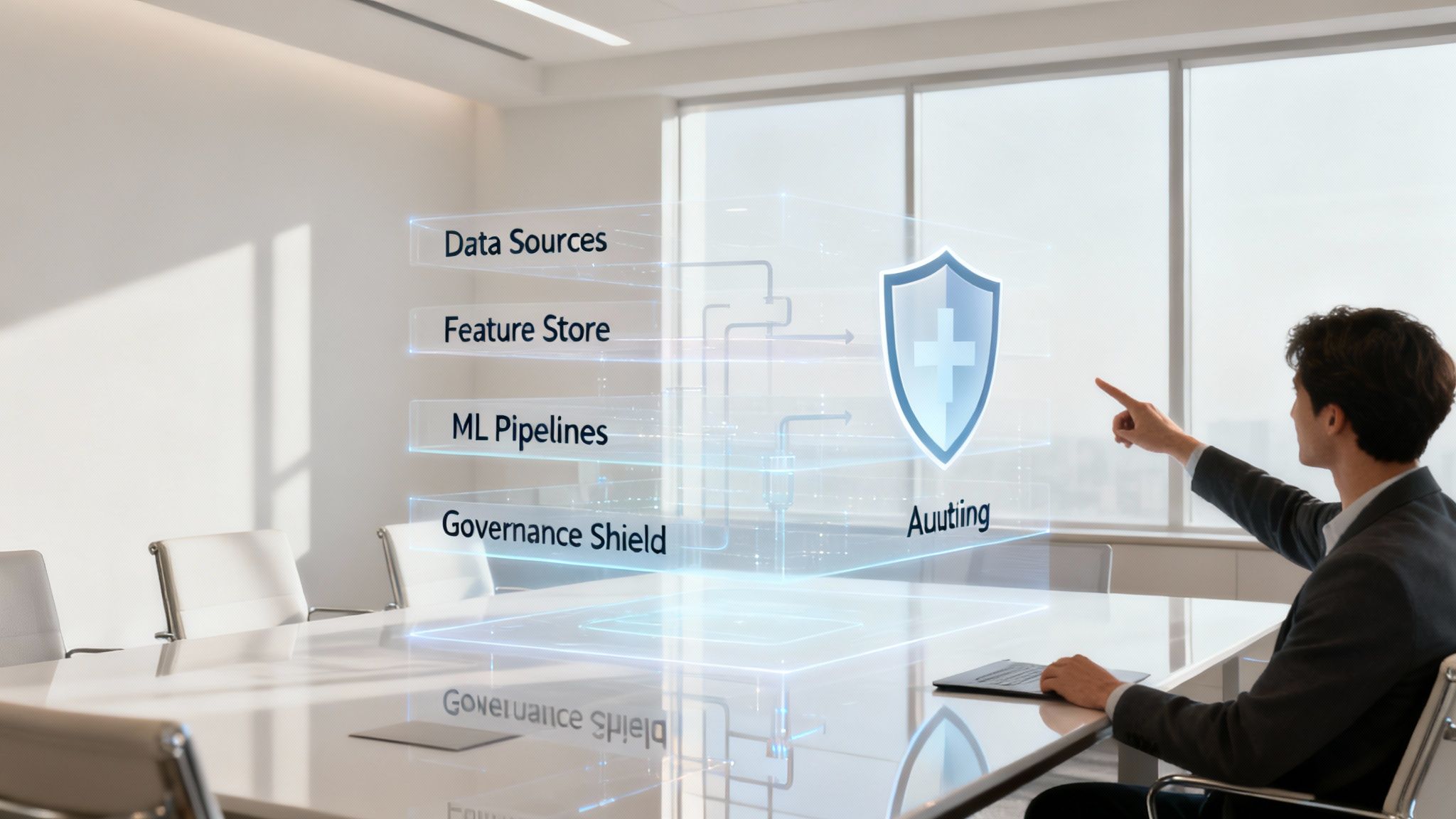 Man points at a holographic display illustrating data governance protecting ML pipelines and sources.