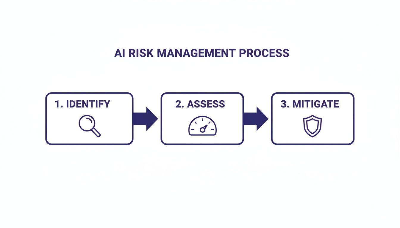 A flowchart titled 'AI RISK MANAGEMENT PROCESS' with three steps: 1. Identify (magnifying glass), 2. Assess (gauge), and 3. Mitigate (shield).
