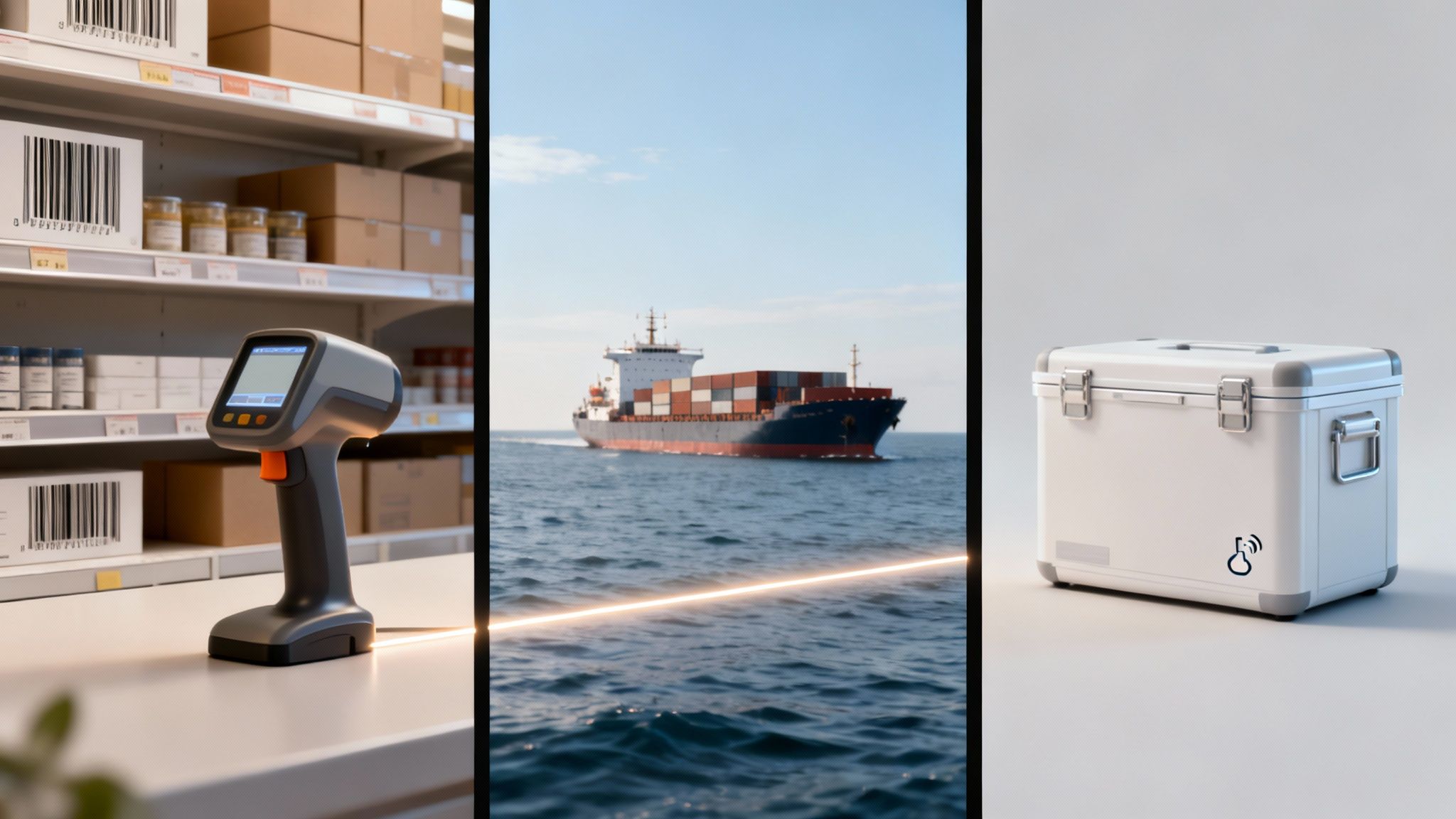 Integrated supply chain showing warehouse inventory, global cargo shipping, and smart cold chain logistics.