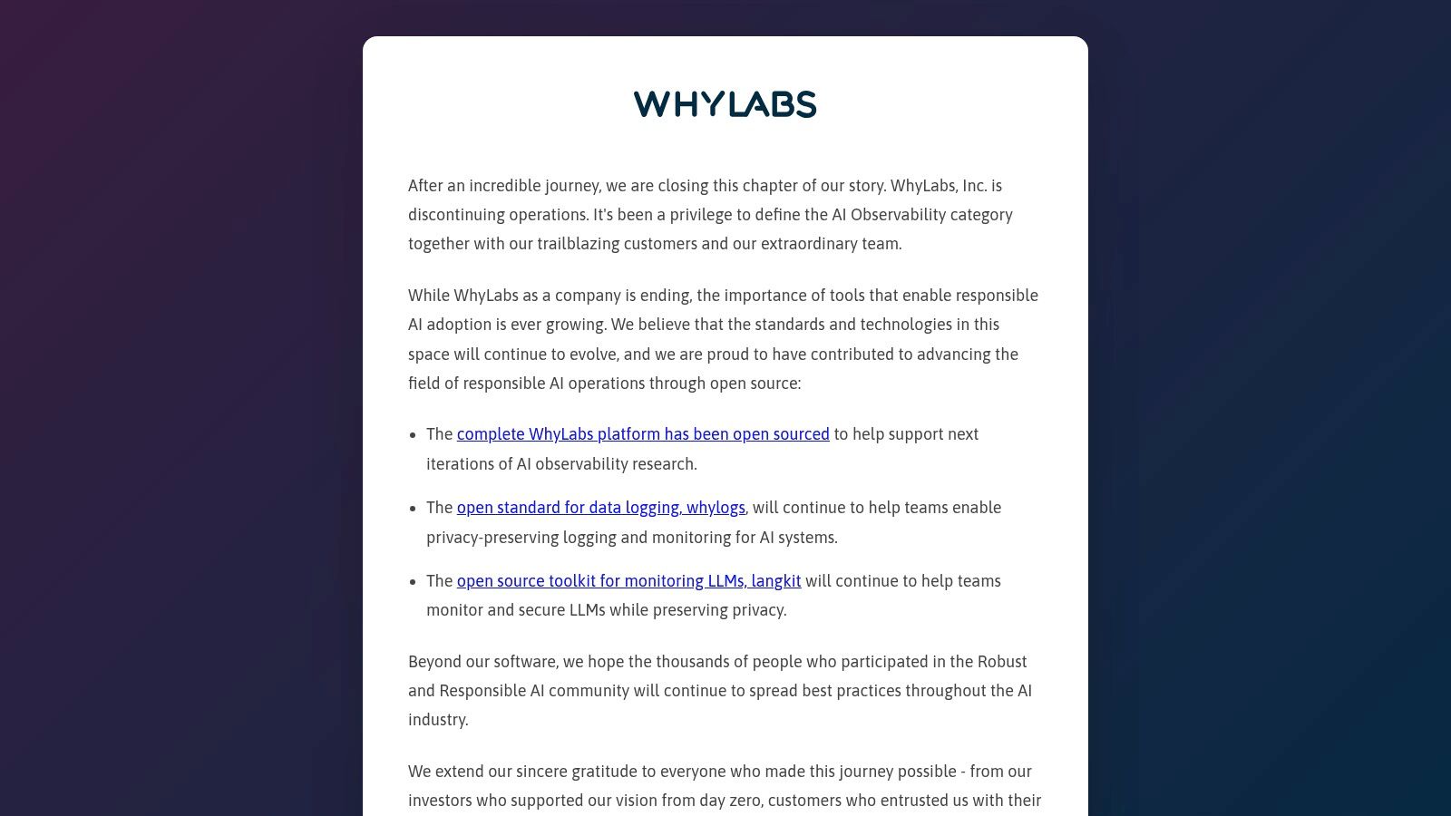 WhyLabs (whylogs + AI Control Center OSS)