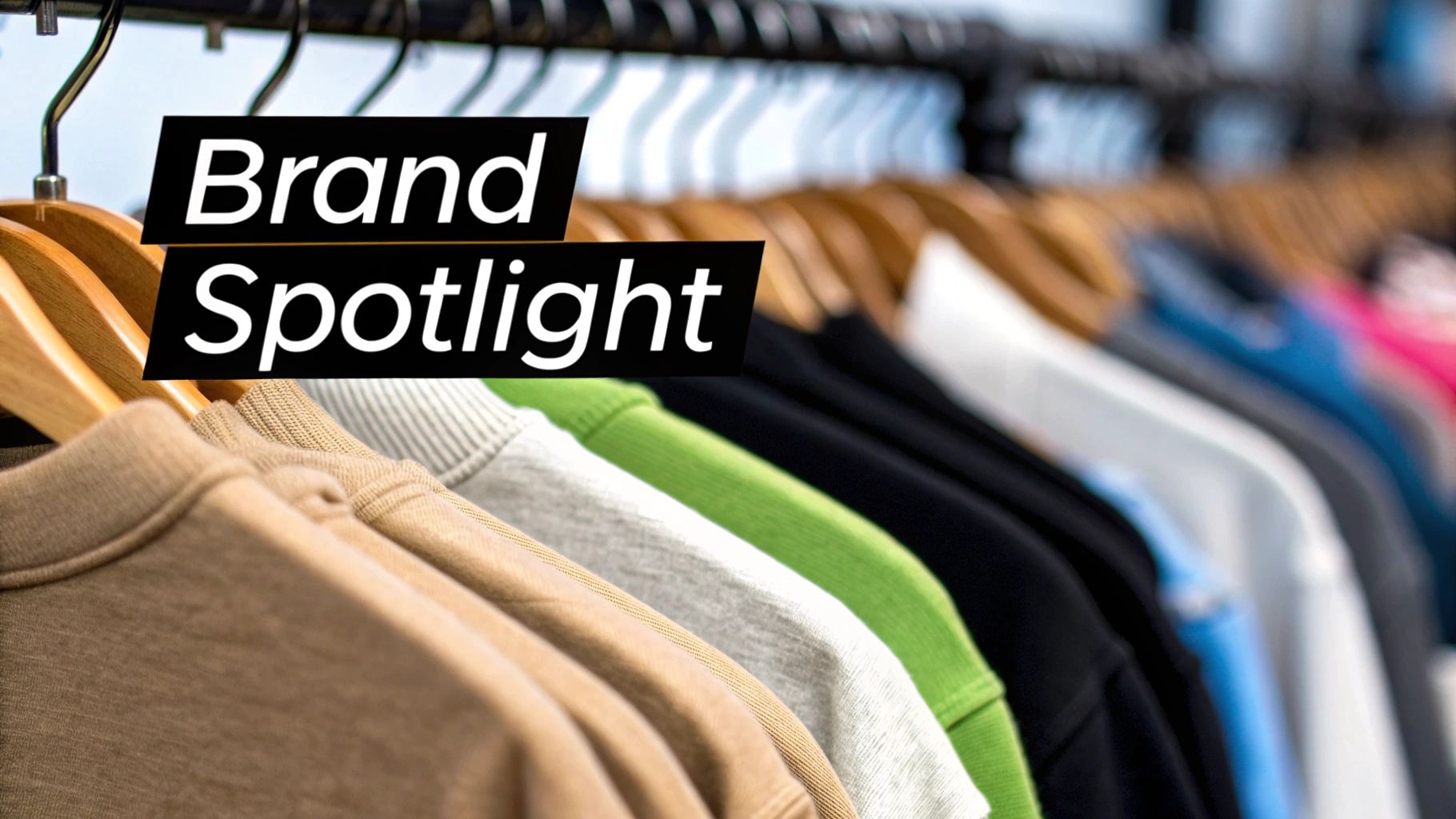 Brand spotlight text overlay on colorful clothing rack displaying sustainable fashion apparel on wooden hangers