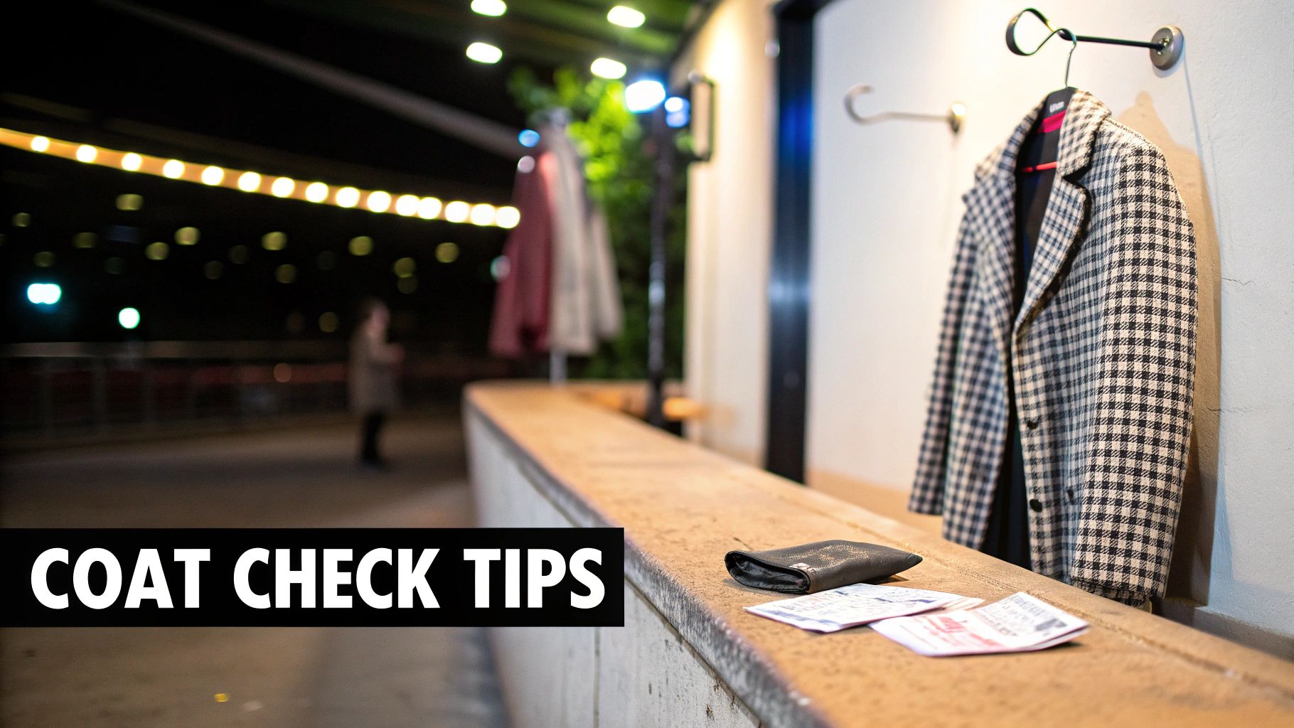 A checkered coat hangs on a hook next to a black wallet and two tickets on a wooden counter.