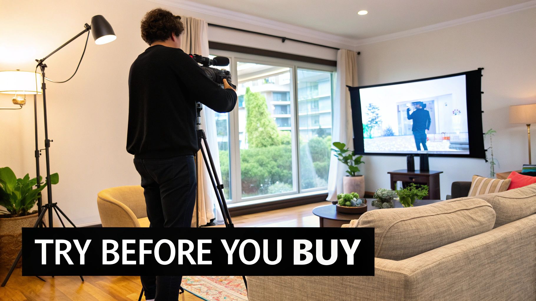 A woman using her smartphone to virtually try on a dress in her living room.