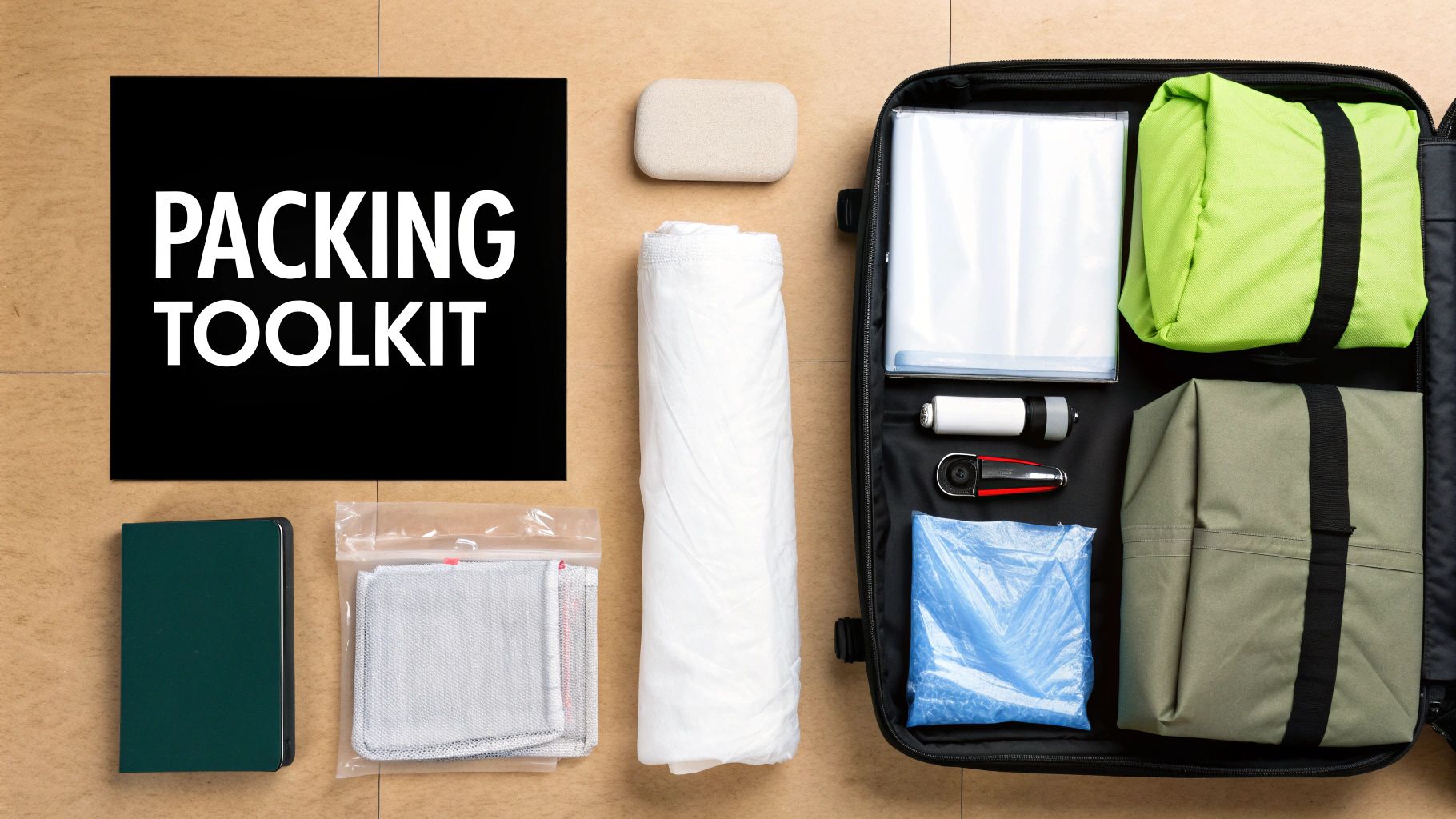 A woman happily packing her suitcase using organizational tools like packing cubes and garment bags.